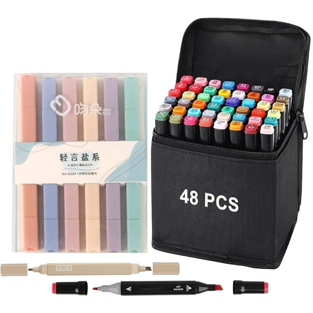 Corslet 54 Pcs Colour Set Stationery Items 48 Pc Dual Tip Alcohol Markers Pens Set & 6 Pc Highlighter Marker Pen Pastel Brush Pens Sketch Pen Set Art Supplies For Artist For College School Office Use