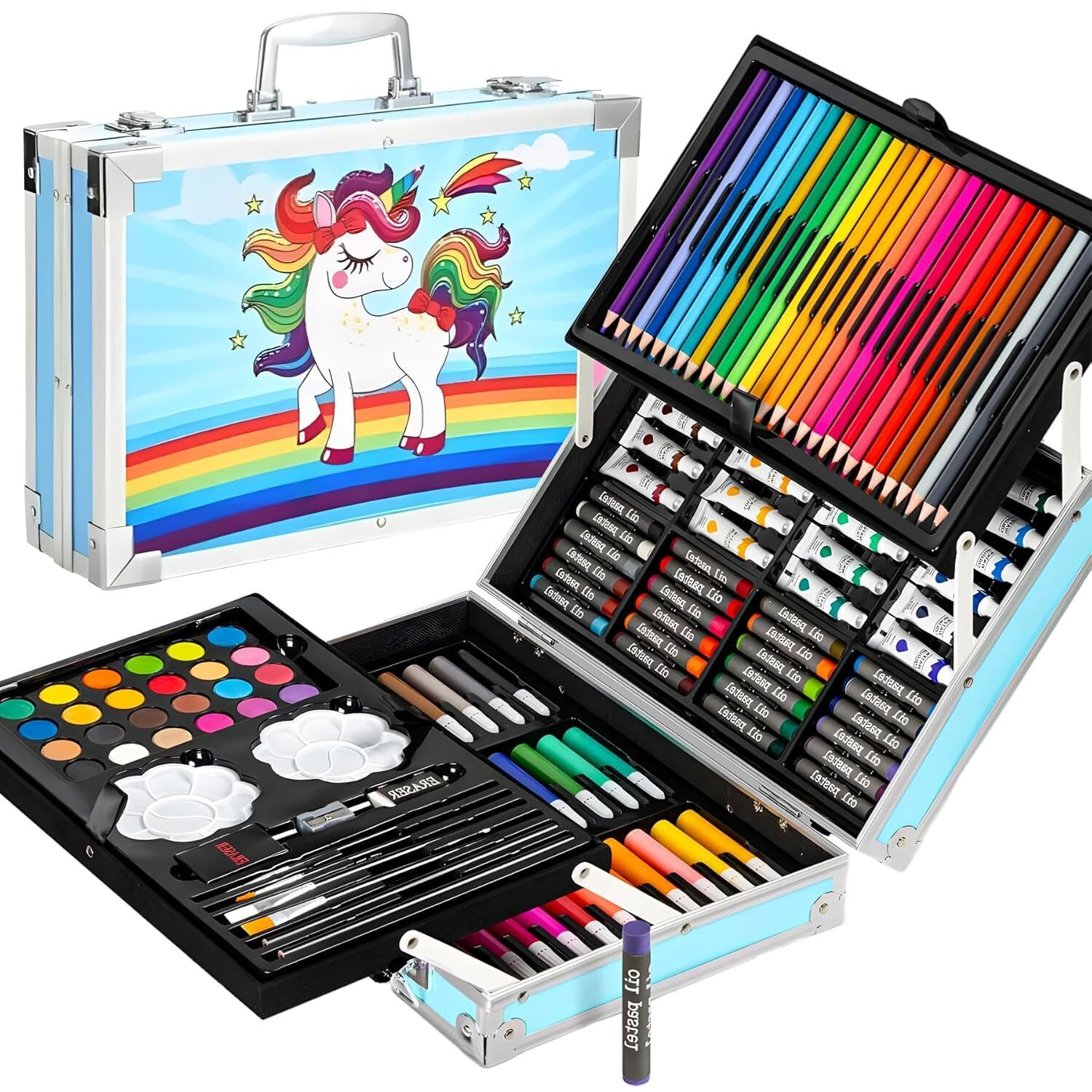 Corslet 145-Piece Art Set For Kids With Unicorn Storage Case | Drawing & Painting Kit With Oil Pastels, Watercolors, Sketch Pens, Color Pencils | Art & Craft Supplies For Girls & Boys (Blue)