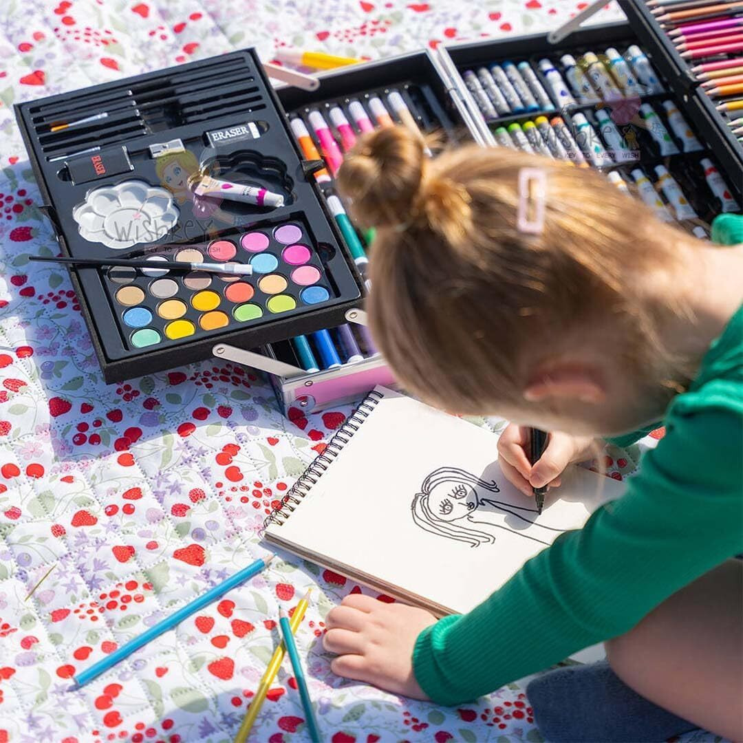 Corslet 145-Piece Art Set For Kids With Unicorn Storage Case | Drawing & Painting Kit With Oil Pastels, Watercolors, Sketch Pens, Color Pencils | Art & Craft Supplies For Girls & Boys (Blue)