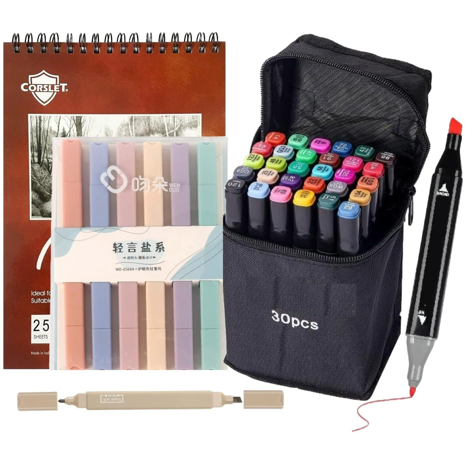 Corslet Set Of 37 Pcs Stationery Items - 30Pc Dual Tip Alcohol Markers Pens Set & 6 Pc Highlighter Pen Set Brush Pen Sketch Pens For Painting Sketching Calligraphy Drawing Marker Pen With Marker Pad