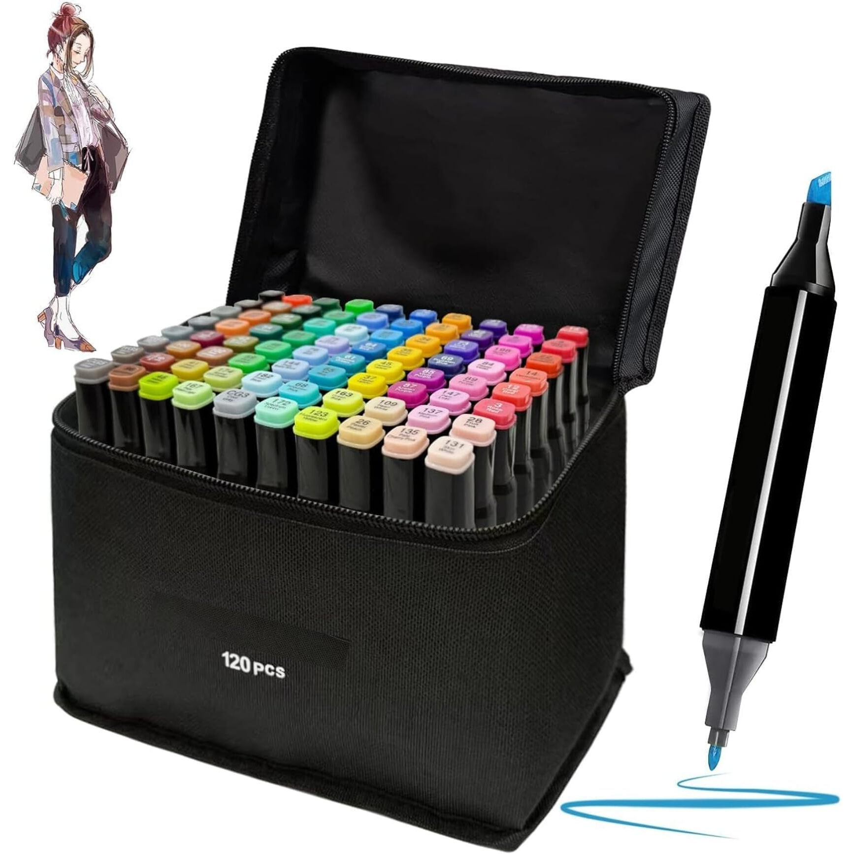 Corslet 120 Dual Tip Art Markers Set With Carrying Case | Twin Head Permanent Sketch Pens For Kids & Adults | Multicolor Markers For Drawing, Painting, Calligraphy & Craft