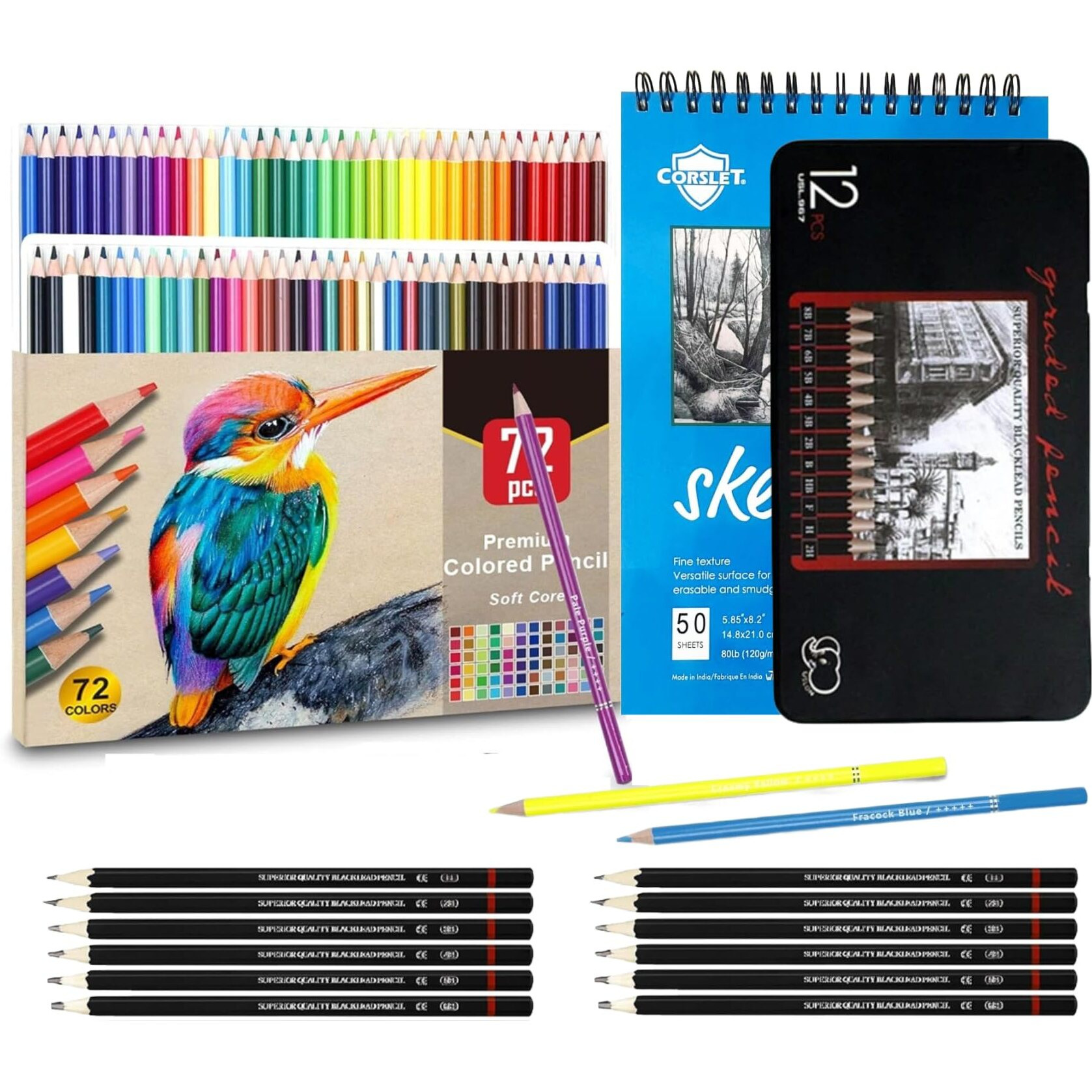 Corslet 85Pc Art Supplies For Artist 72Pc Colour Pencil Set &12Pc Drawing Pencil Set Sketch Shading Graphite Sketching Pencil Set Pencil Colour Set For Drawing & Sketching Colours With A5 Sketch Book