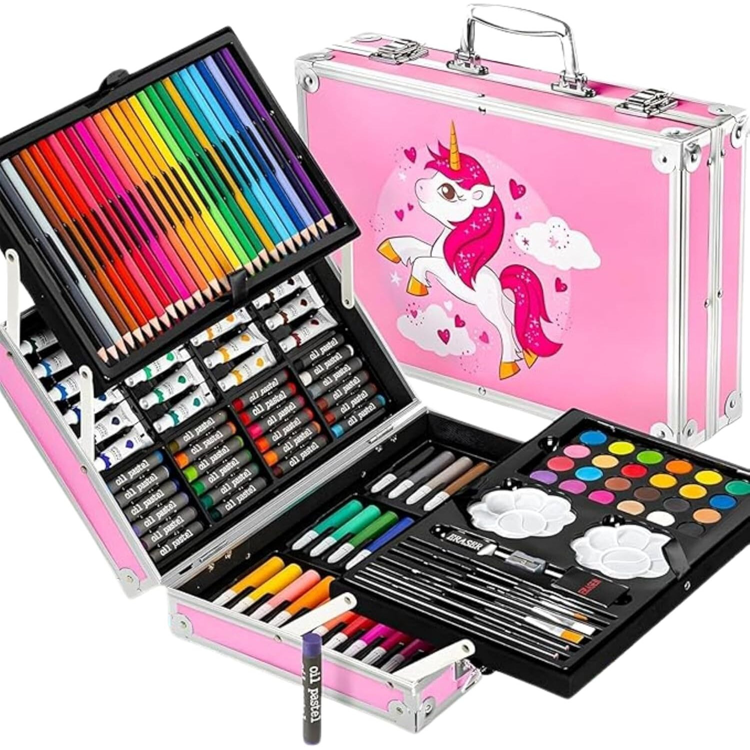 Corslet 145-Piece Art Set For Kids With Unicorn Storage Case | Drawing & Painting Kit With Oil Pastels, Watercolors, Sketch Pens, Color Pencils | Art & Craft Supplies For Girls & Boys (Pink)