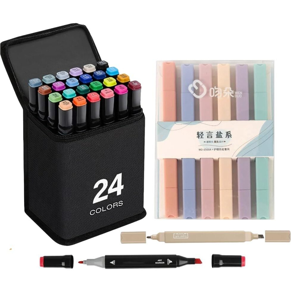 Corslet Stationery Items Colour Set For Kids 30Pc - 24Pc Alcohol Markers Pens Set & 6Pc Highlighter Marker Pen Pastel Brush Pens Sketch Pen Set Art Supplies For Artist Painting Sketching Calligraphy
