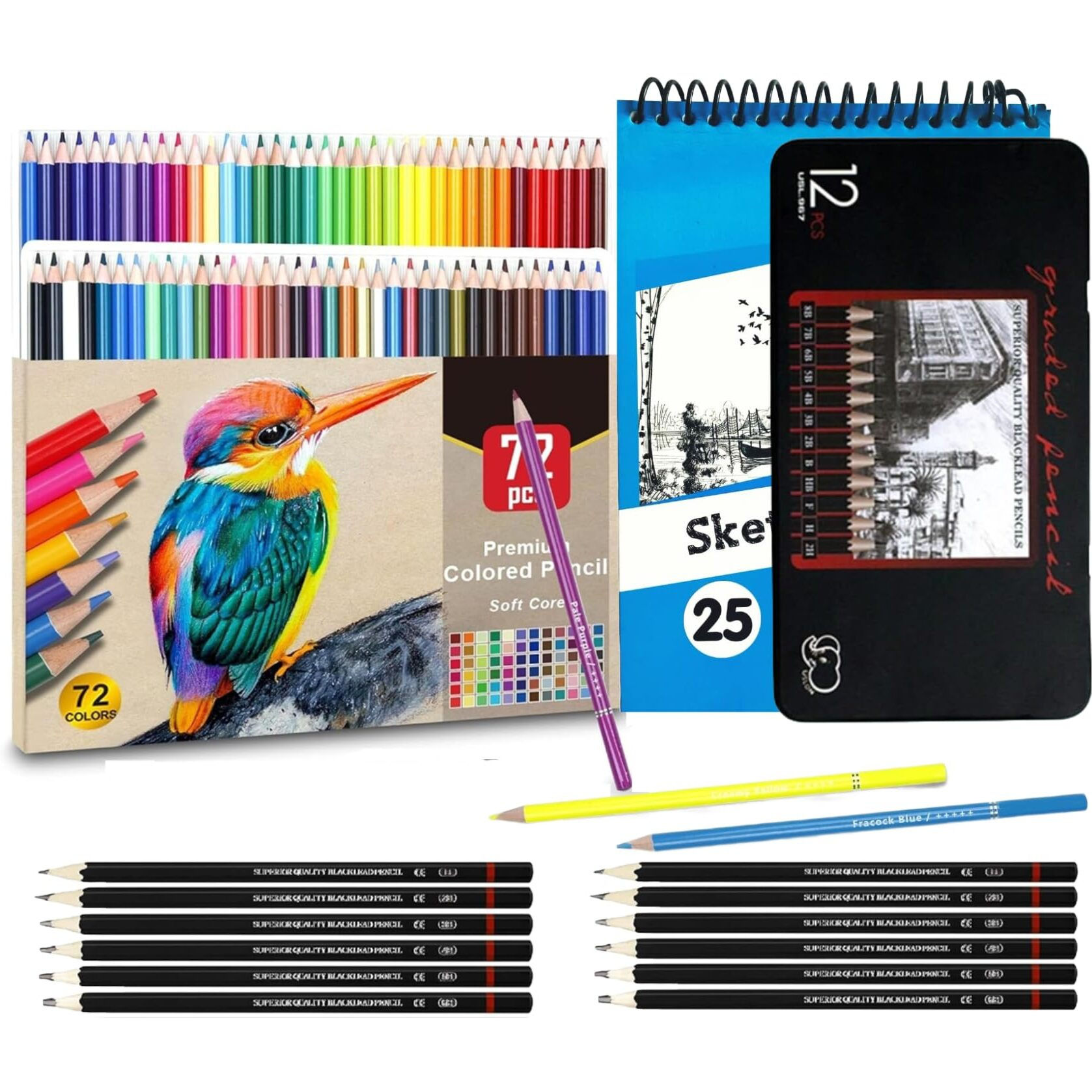 Corslet Set Of 85 Pcs - 72 Pcs Soft Core Colour Pencils Set & 12 Pc Drawing Pencil Set Shading Graphite Sketching Pencils Set Colour Pencil For Drawing Blending Shading Colours With A5 Sketch Book
