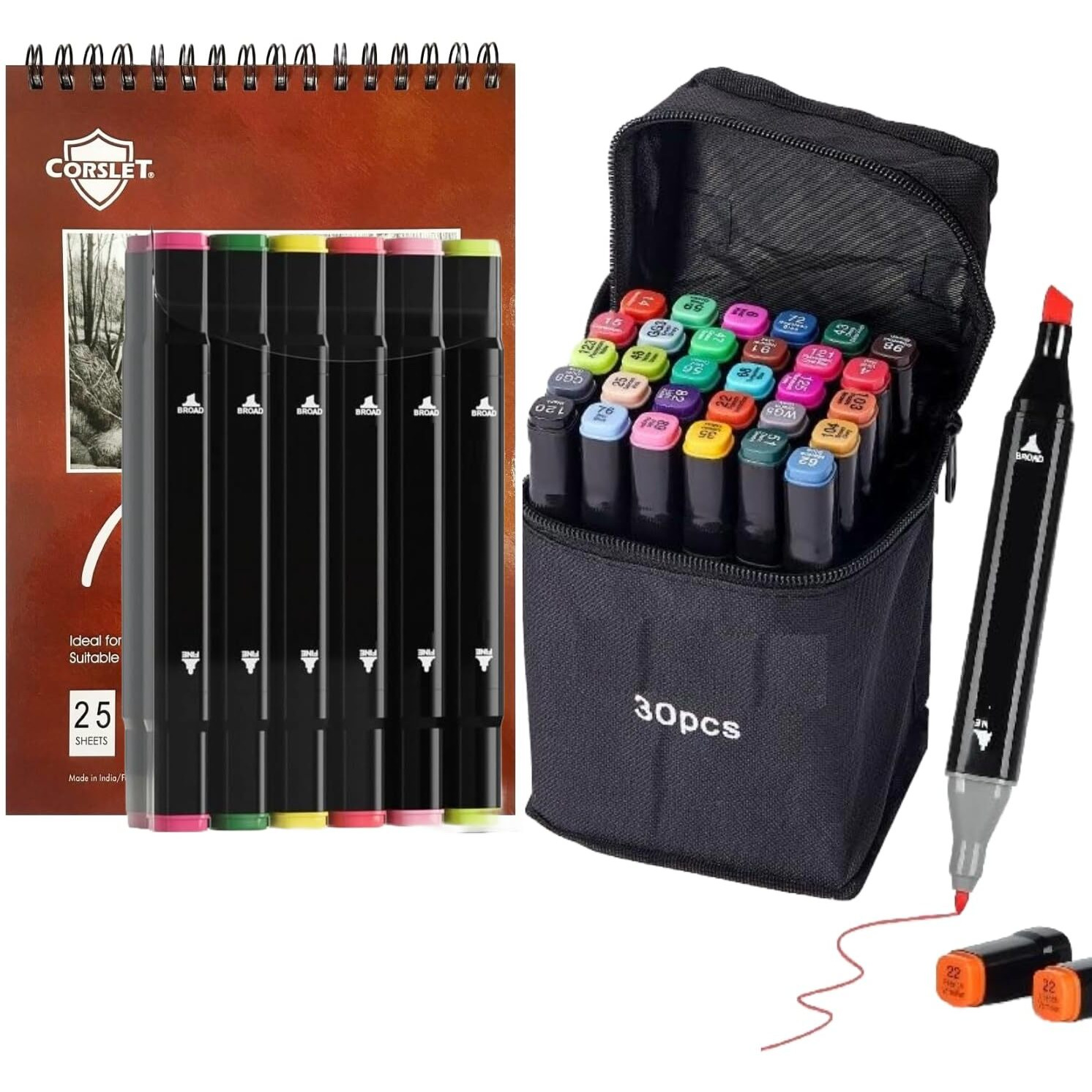 Corslet 43 Pcs Stationery Set - 42 Dual Tip Broad & Fine Alcohol Markers, 30Pc & 12Pc Colour Marker Sketching Pens For Painting, Drawing, Calligraphy, Includes Marker Pad - Art Supplies