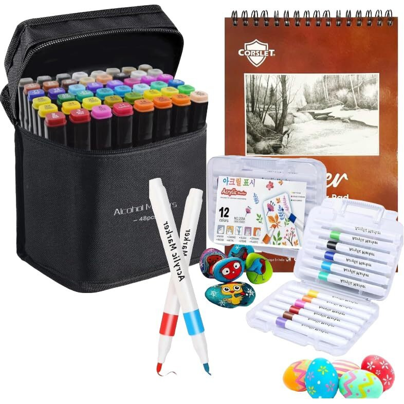 Corslet 61-Piece Art Set  Includes 48 Dual Tip Alcohol Markers, 12 Acrylic Markers, And 1 Bleedproof Marker Pad (200Gsm, 50 Pages)  Ideal For Drawing, Painting, Sketching, And Calligraphy