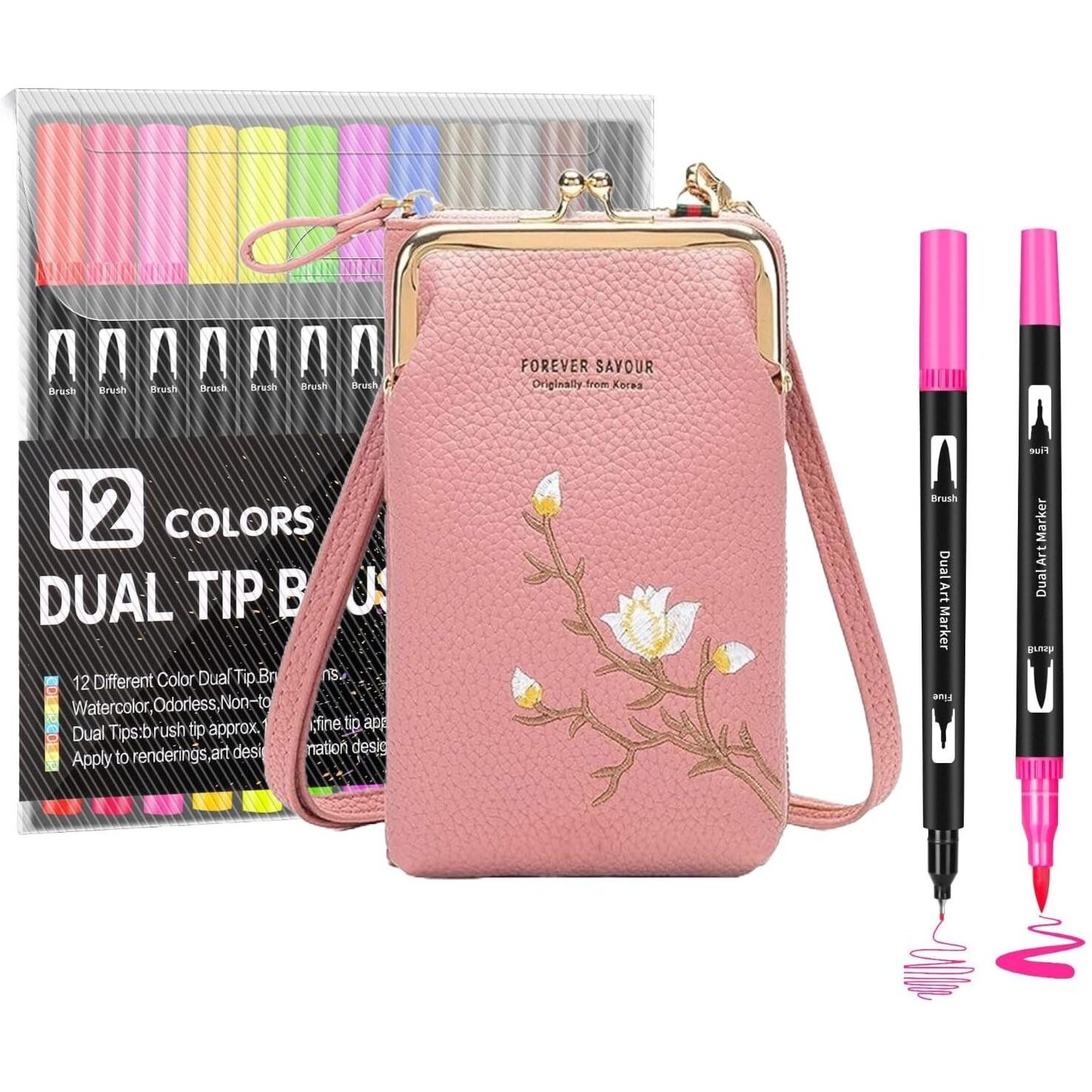 Corslet Combo Set Of 13Pcs -12Pc Dual Tip Brush Pens 12 Shades & 1Pc Sling Bags For Women Latest Hand Bags Calligraphy Pen Sketches Fineline Coloured Pen Brush Colour For Drawing & Sketching