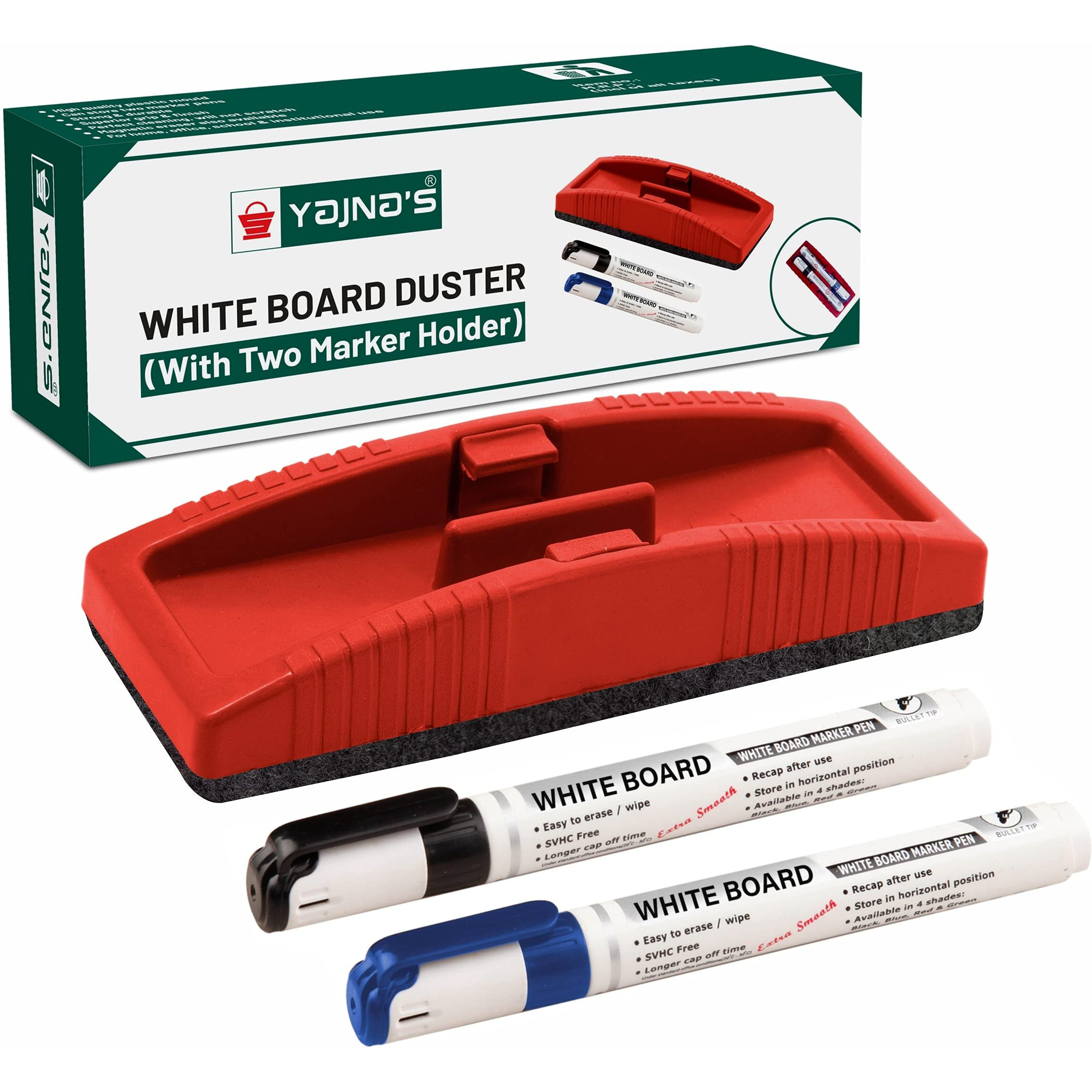 Yajnas Premium Non Magnetic White Board Duster With 2 Marker | | Whiteboard Eraser For Erasing White Board Marker Or Chalk Board Writing | Blackboard Duster (Assorted Color)(Combo Pack Of 3 Items)