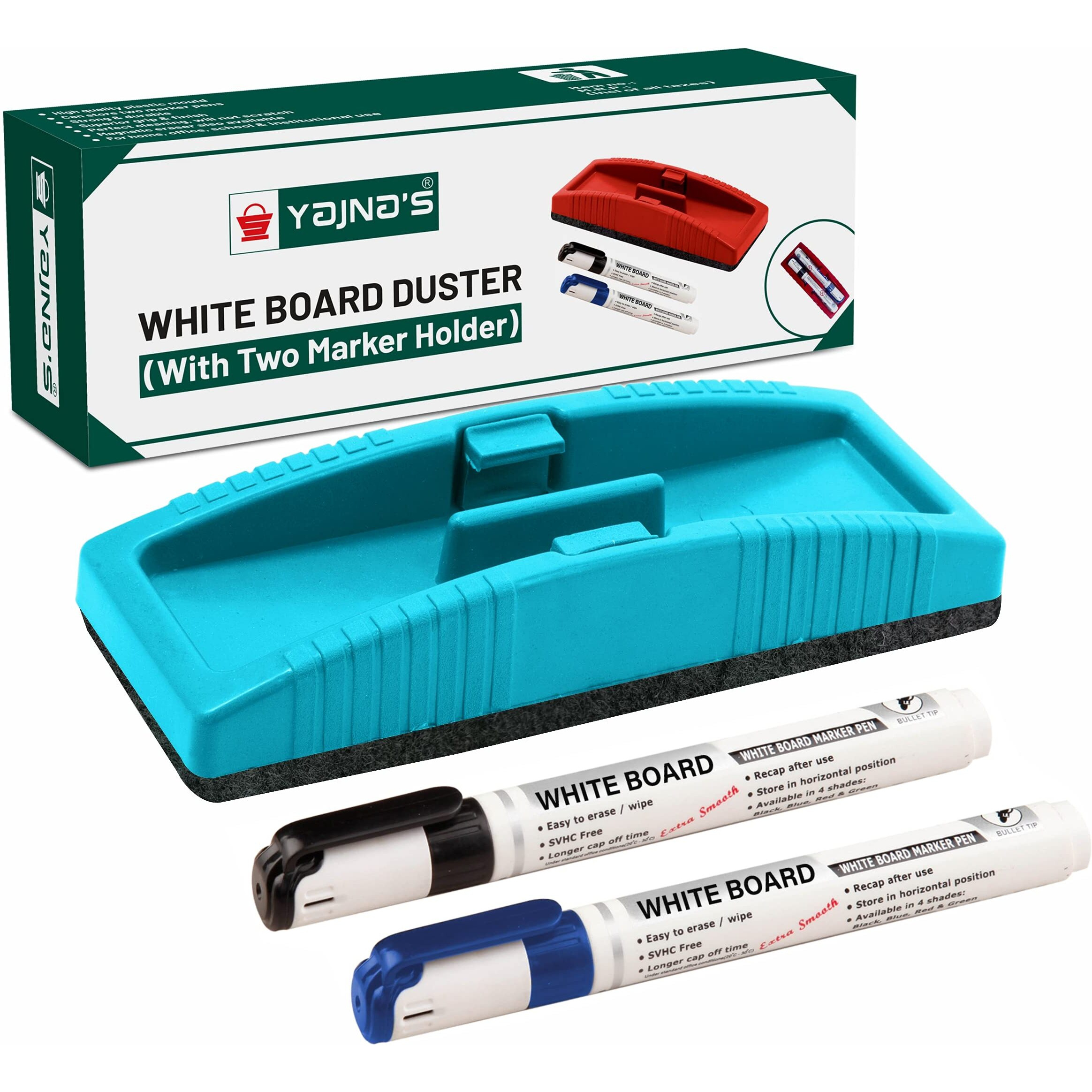 Yajnas Premium Non Magnetic White Board Duster With 2 Marker | | Whiteboard Eraser For Erasing White Board Marker Or Chalk Board Writing | Blackboard Duster (Assorted Color)(Combo Pack Of 3 Items)