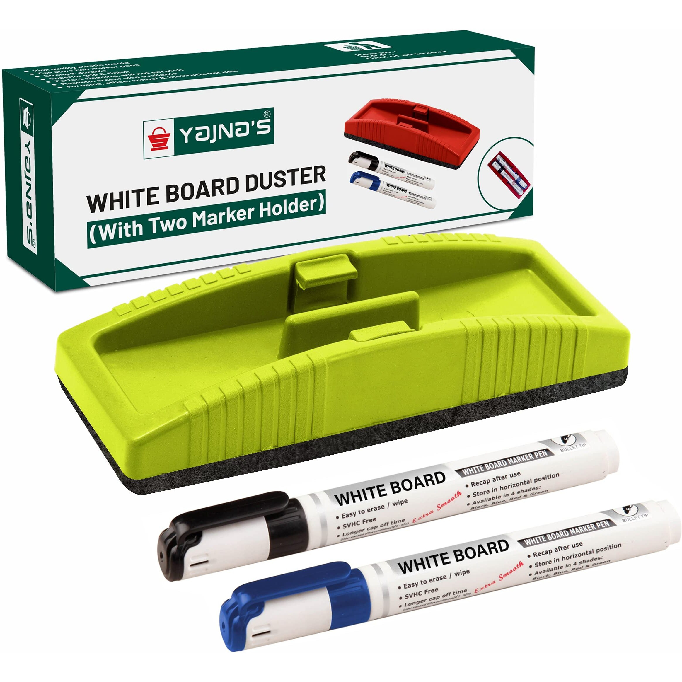 Yajnas Premium Non Magnetic White Board Duster With 2 Marker | | Whiteboard Eraser For Erasing White Board Marker Or Chalk Board Writing | Blackboard Duster (Assorted Color)(Combo Pack Of 3 Items)