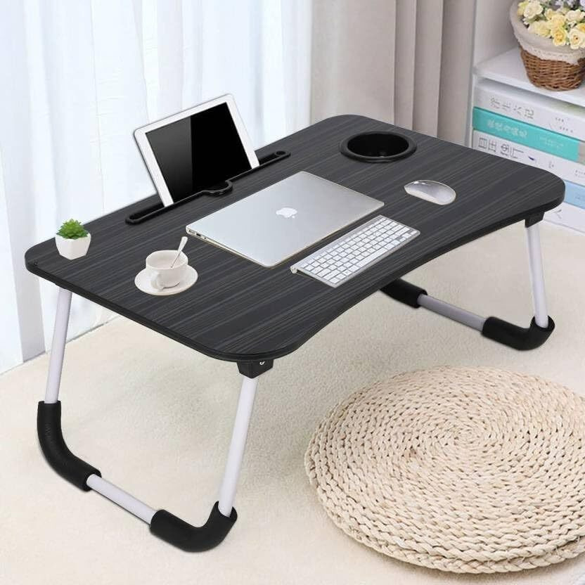 Yajnas Wooden Multipurpose Foldable Laptop Table With Cup & Tab Holder| Table Holder Study Table, Breakfast Table, Foldable And Portable Table| Color - Black, 59 Cm X 380 Mm