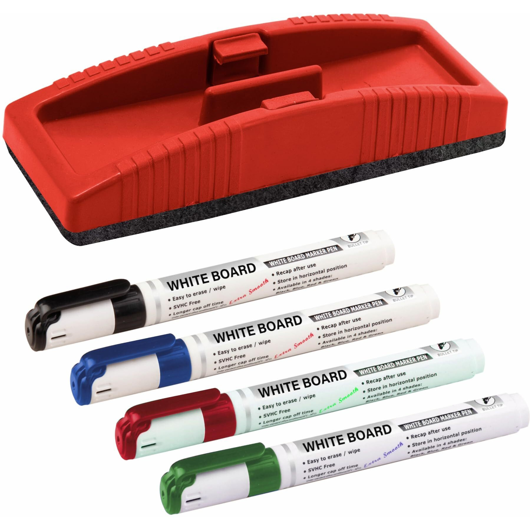Yajnas Non Magnetic Whiteboard Duster & Markers | Set Of 5 | Assorted Ink Colours Markers | Whiteboard Duster With Easily Erasable Markers | School & Office Stationery Items Markers & Duster