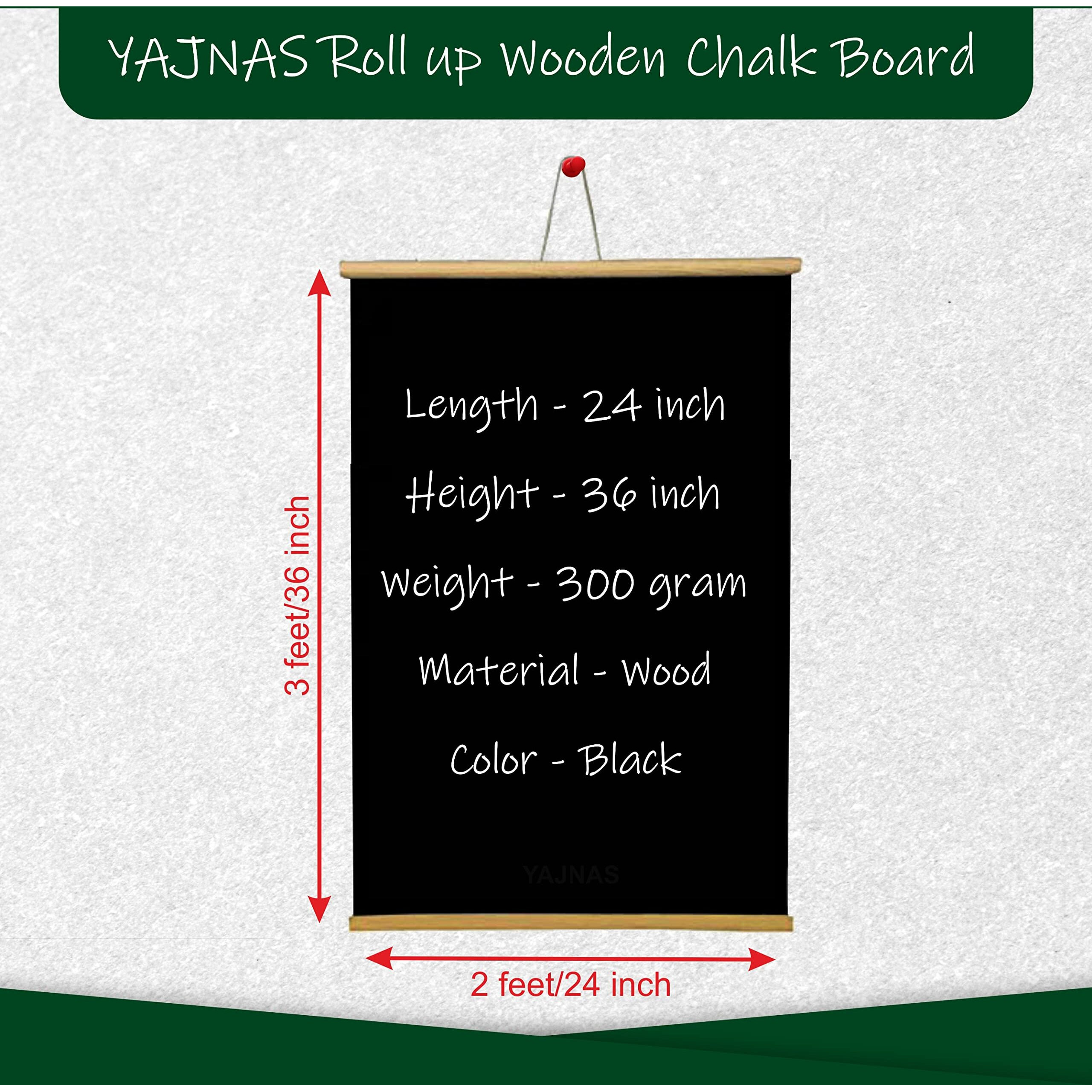 Yajnas 2X3 Feets (24X36 Inchs) Wall Hanging Non-Magnetic Black Roll Up Board With 1 Premium Wooden Duster & 10 Pieces Chalk Combo