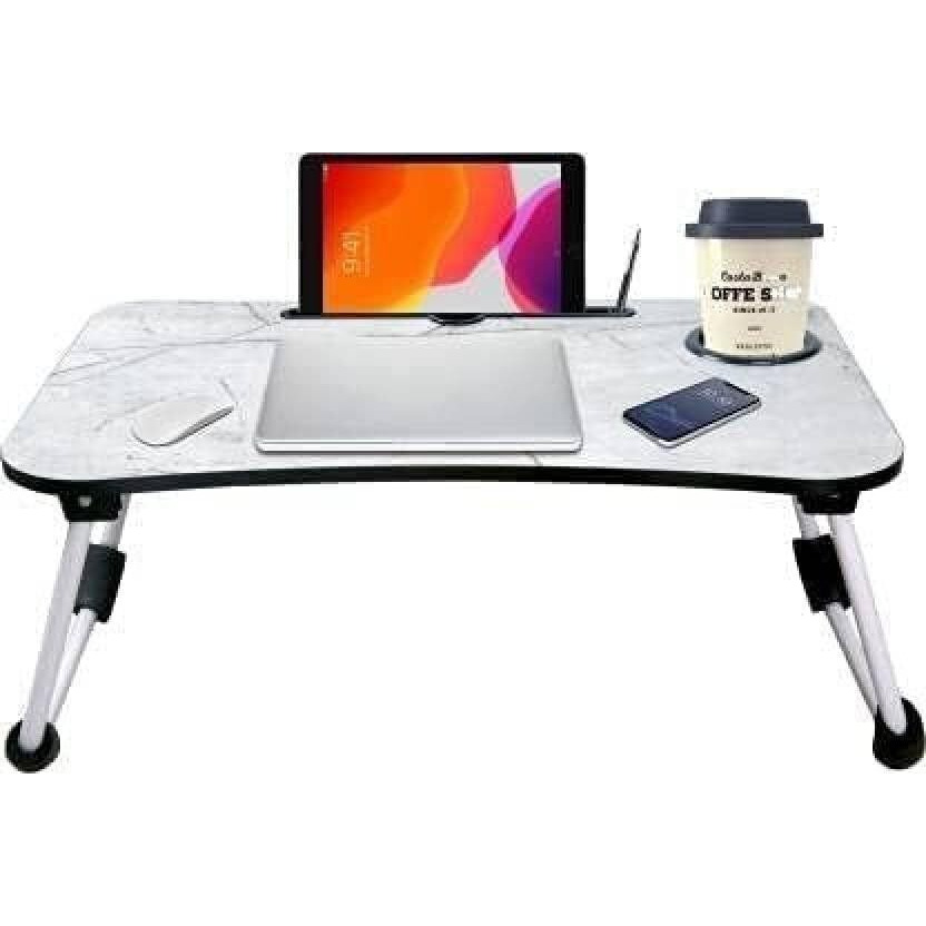 Yajnas Wooden Multipurpose Foldable Laptop Table With Cup & Tab Holder| Table Holder Study Table, Breakfast Table, Foldable And Portable Table| Color - Marble Light