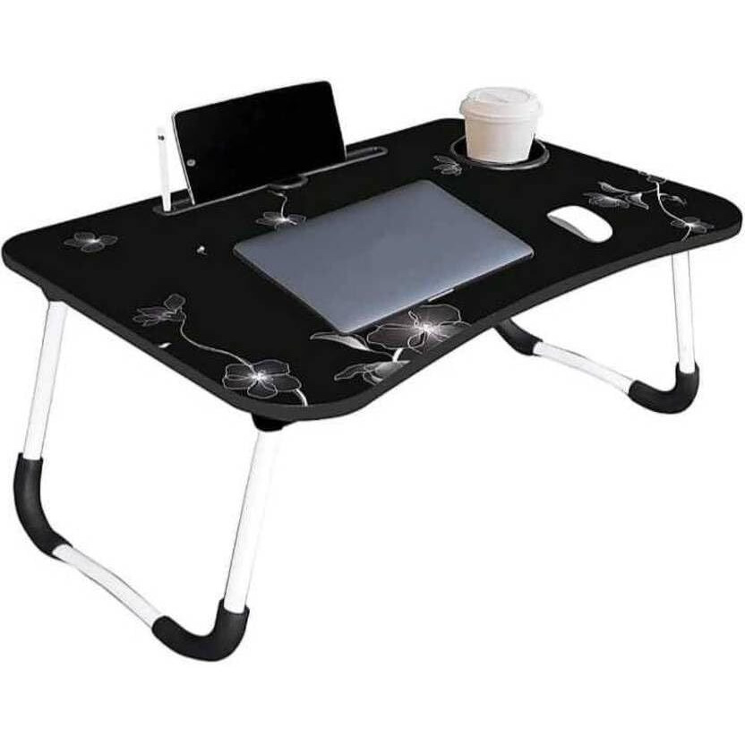 Yajnas Wooden Multipurpose Foldable Laptop Table With Cup&Tab Holder|Table Holder Study Table,Breakfast Table,Foldable And Portable Table|Color-Black Flower,380 Mm, 590 Mm