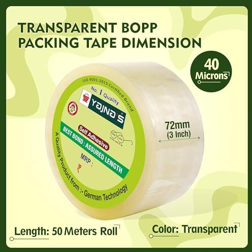 Yajnas 72Mm/ 3 Inch X 50 Meters, Pack Of 1, Bopp Packaging Clear Tape (Transparent) Cello Tape Rolls | E-Commerce Packaging For Home, Office & Box
