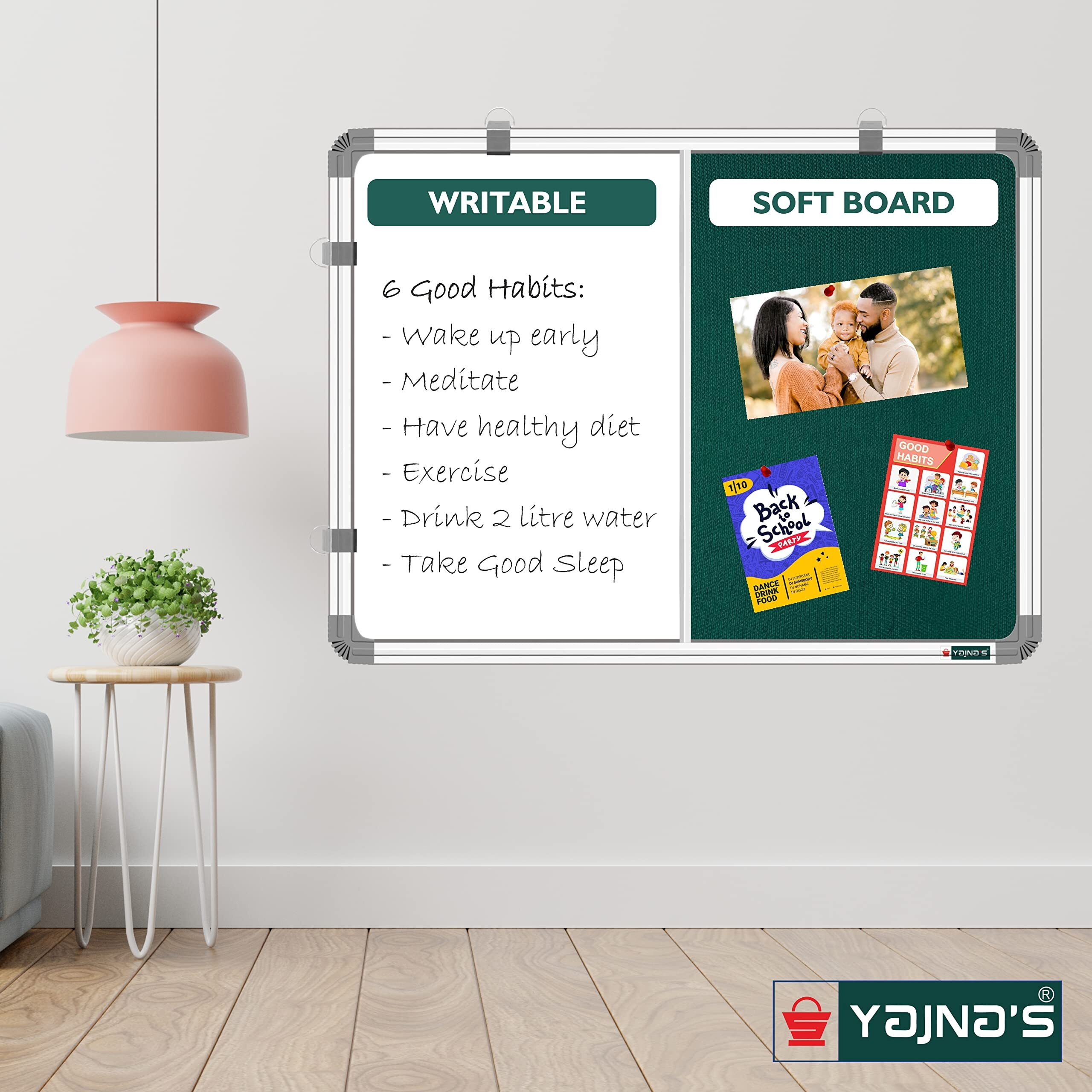 Yajnas 2X3 Feet Premium Combination Board (Non - Magnetic Whiteboard With Green Pin-Up/Notice Board) For Home, Office And School Use. Heavy-Duty Aluminium Frame (Pack Of 1 Board)| Colour - Green