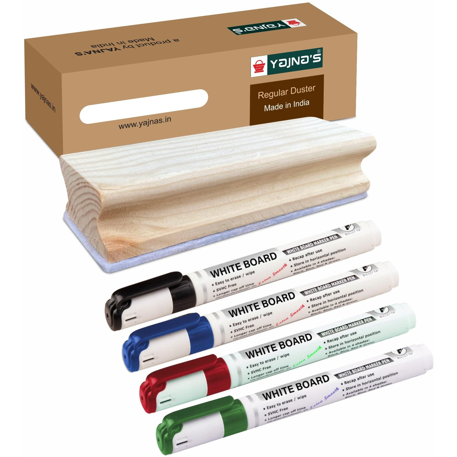 Yajnas Wooden Duster & Marker Combo For Whiteboard & Chalkboard Use - Duster + 1 Black + 1 Blue + 1 Red + 1 Green Marker Combo, Premium Non Magnetic Wooden Duster With Whiteboard Marker