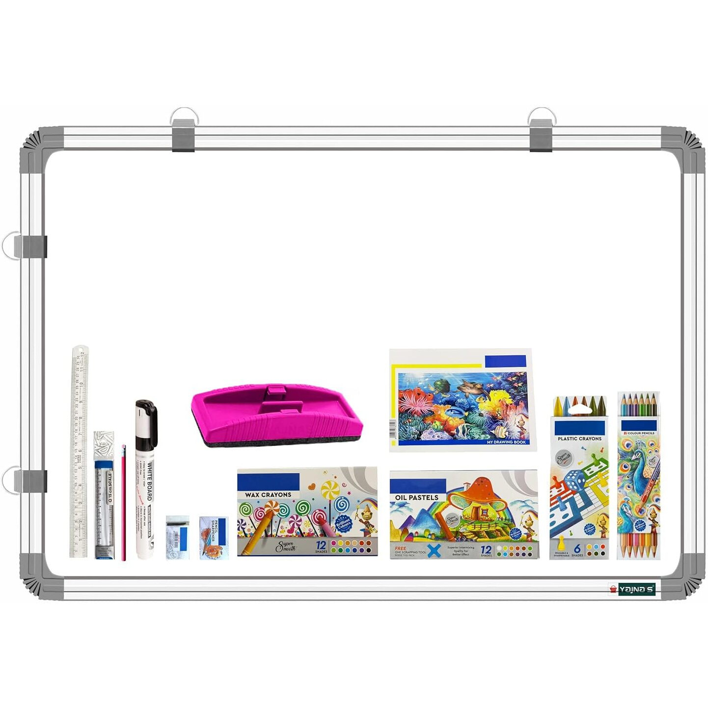 Yajnas Non Magnetic 2X4 Feet Double Sided White Board And Chalk Board Both Side Writing Boards, One Side White Marker And Reverse Side Chalk Board Surface With Beginners Combo Kit