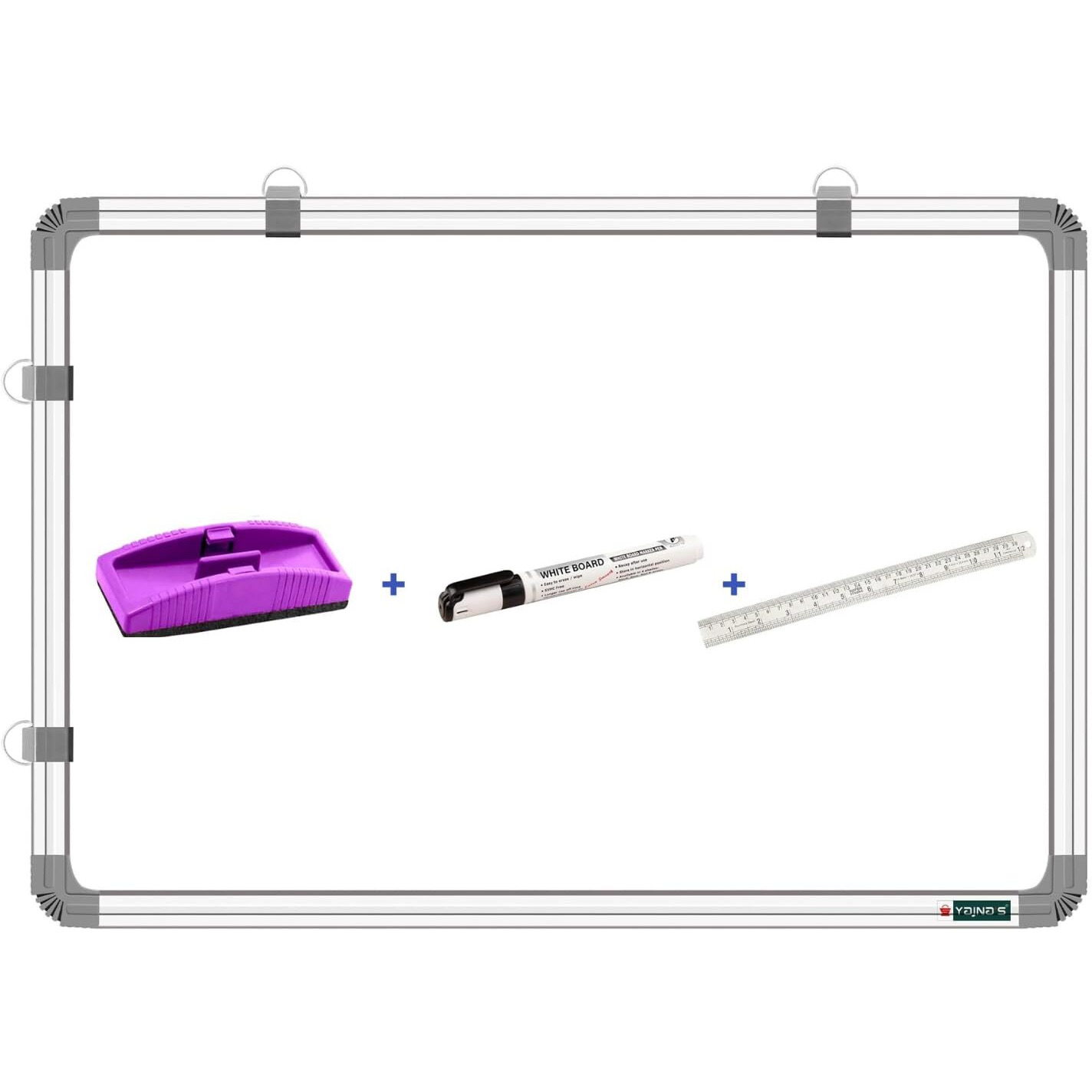 Yajnas Aluminium White Board 3 Feet X4 Feet Non Magnetic Double Sided | Front Side Whiteboard And Back Side Chalk Board, 1 Duster, 1 Markers & 1 Scale For School & Office - Pack Of 4 Items