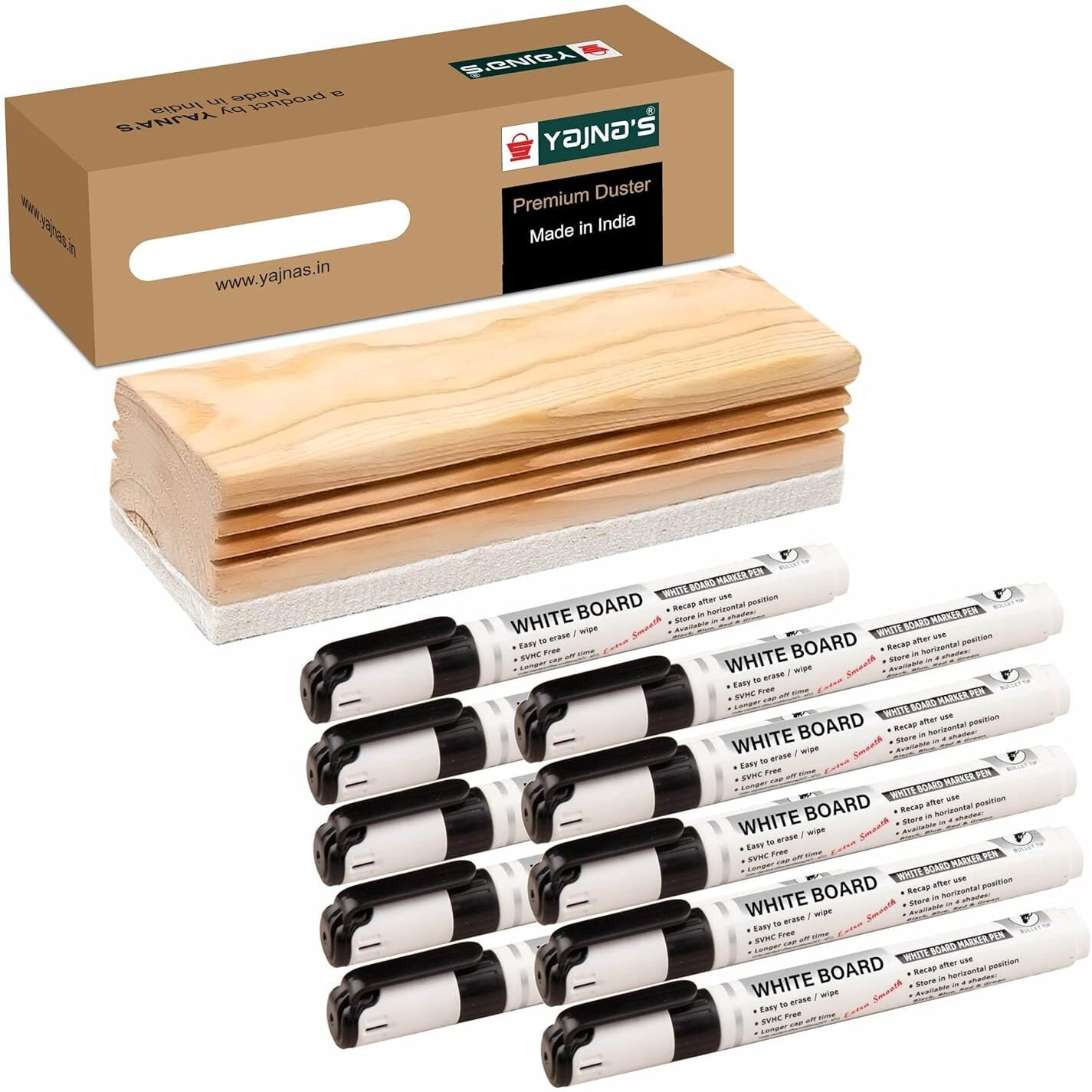 Yajnas Premium Non Magnetic Wooden White Board Duster | Black Board Wooden Duster Whiteboard Eraser For Erasing White Board Marker Or Chalk Board Writing (Duster + 10 Black Markers)