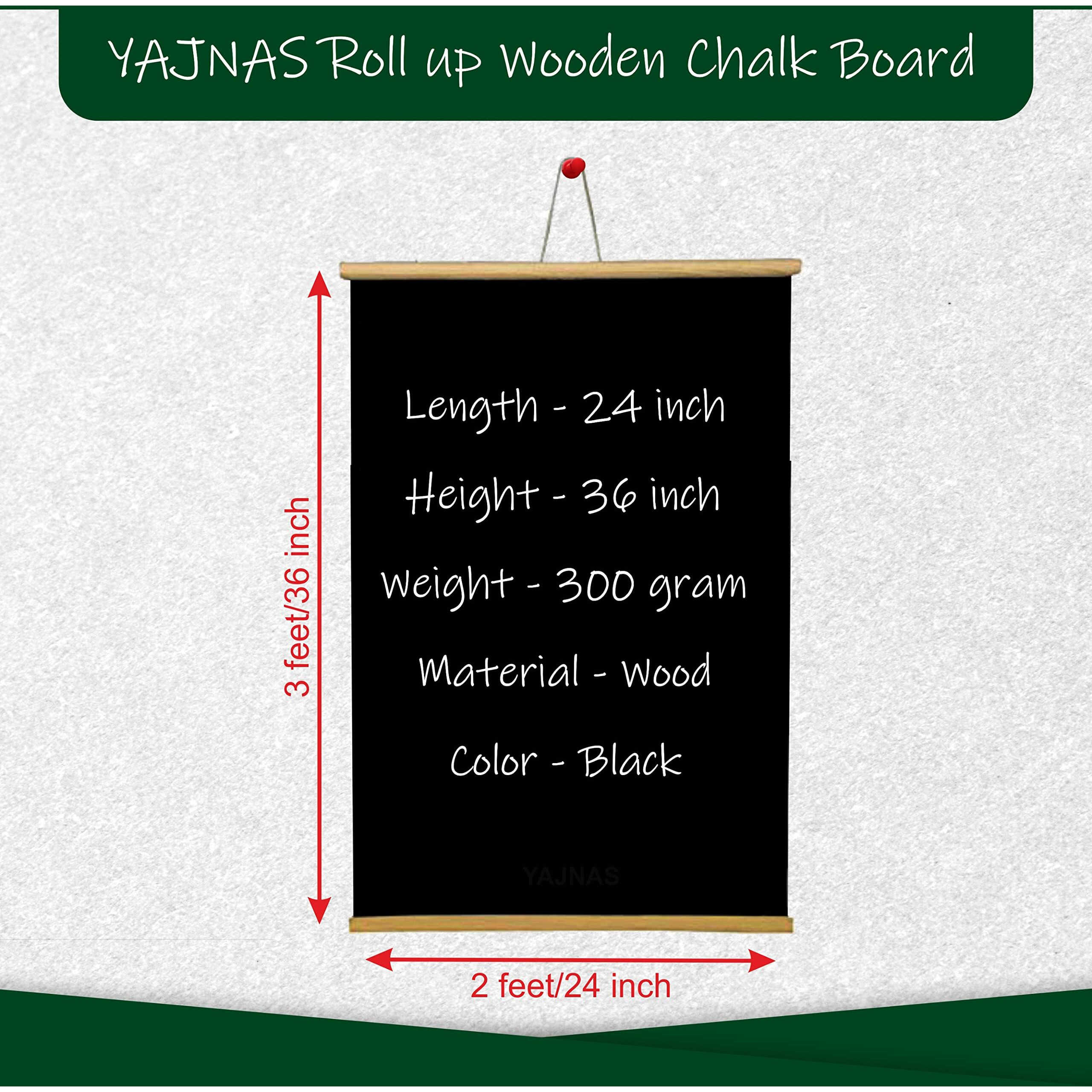 Yajnas 2X3 Feets (24X36 Inchs) Wall Hanging Non-Magnetic Black Roll Up Board With 1 Premium Wooden Duster Combo