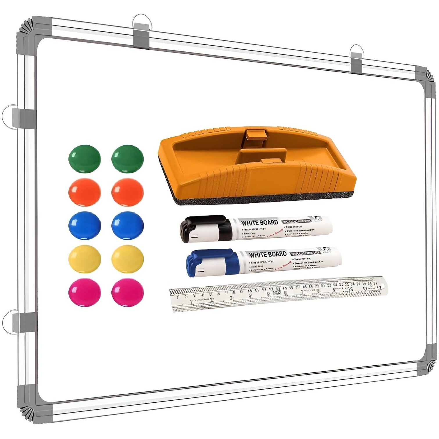 Yajnas 3X4 Feet (89X122 Cm) Magnetic Drywipe Whiteboard With 10 Magnets, 1 Eraser/Magnetic Duster, 1 Unit Of 30Cm Scale, And 2 Dry-Erase Markers For Home, Office, Coaching Class & School