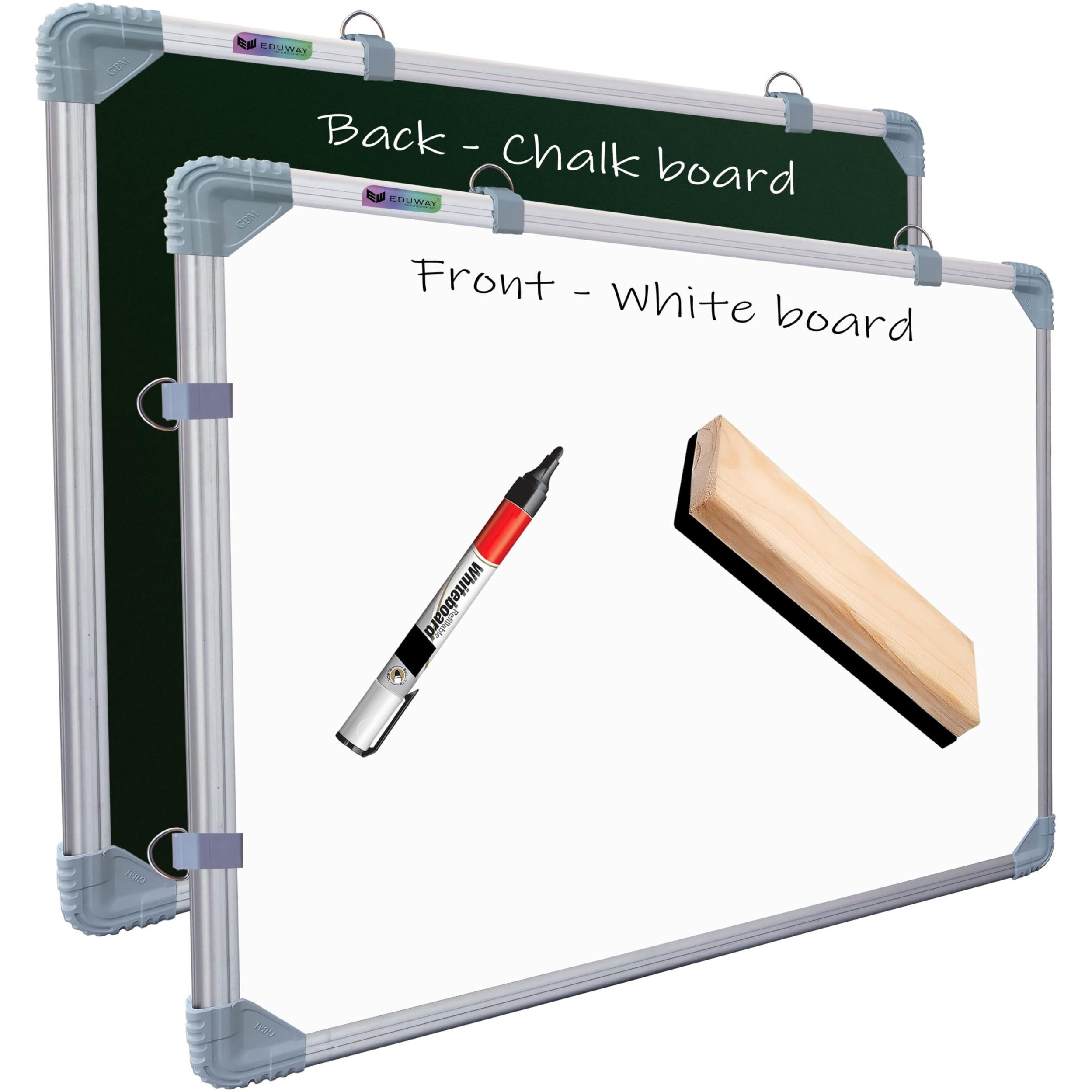 Eduway 2X3 Feet Kunj Non-Magnetic Double-Sided White Board And Chalk Board Combo With 1 Marker And 1 Duster | Ideal Use For Home, Office, With Sliding Hanging Clips, Robust Aluminum Frame (89X59 Cms)