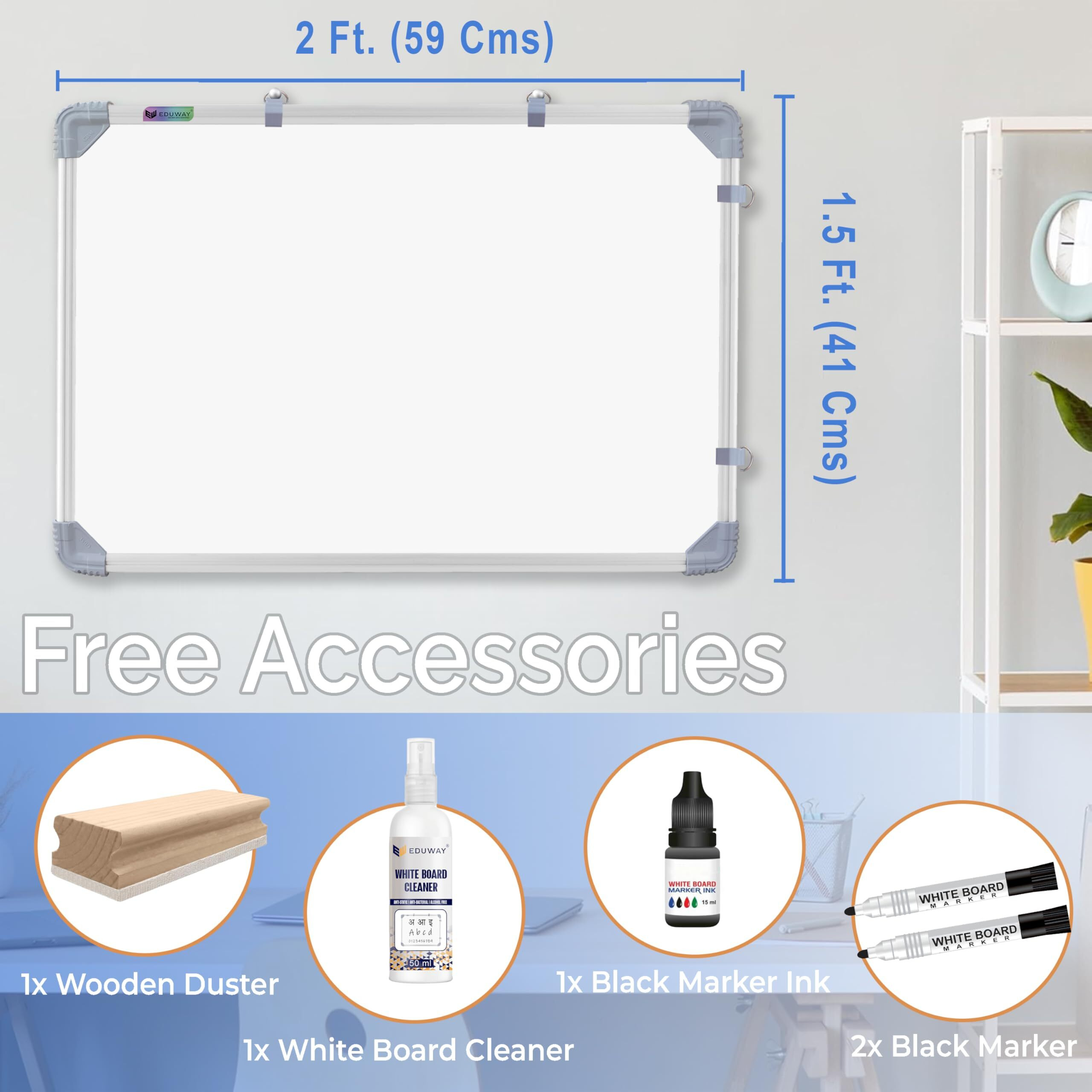 Eduway 1.5X2 Ft. Whiteboard Combo Kit | 2 Marker, 1 Duster, 1 Marker Ink, 1 Cleaner Spray | Double-Sided Whiteboard & Chalkboard | Ideal Use For Home, Office With Sliding Hanging Clips (59X41 Cms)