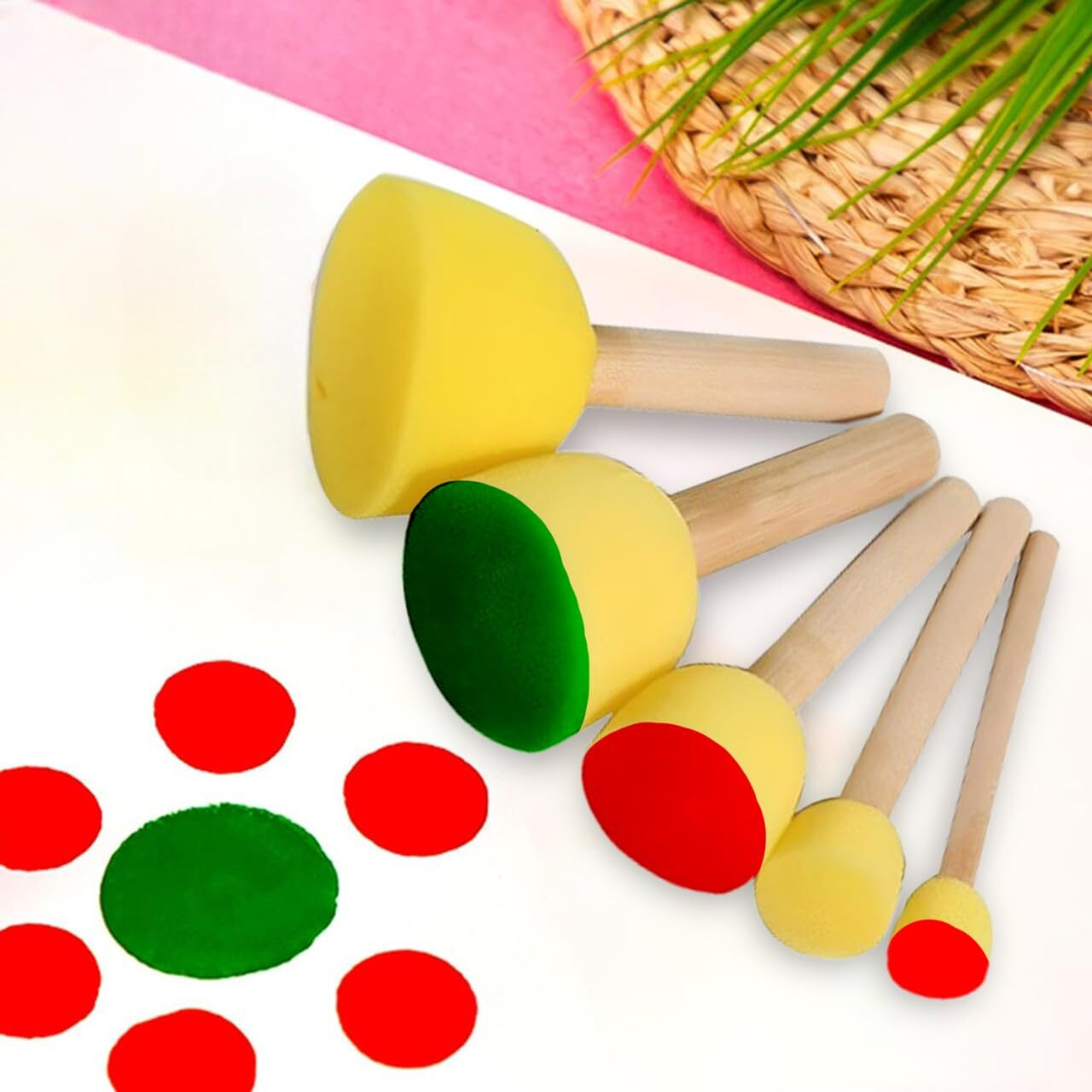 Eduway 5 Pcs Round Stencil Foam Sponge Dabber Set With Wooden Handle Brush Set For Art & Craft, Wall Paintings | Stippler Set Diy Painting Tools- (Assorted Sizes),