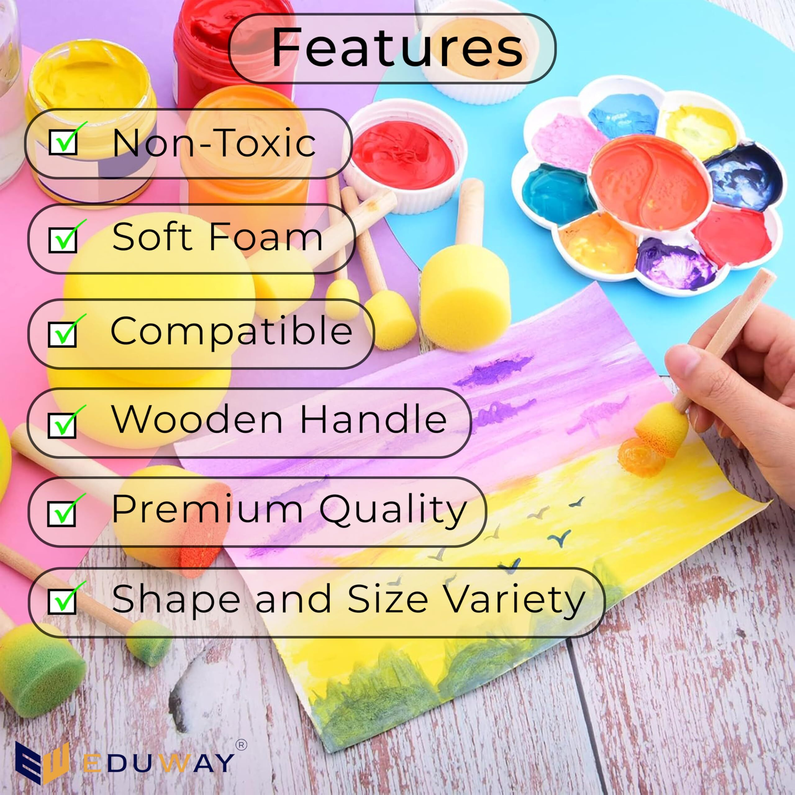 Eduway 5 Pcs Round Stencil Foam Sponge Dabber Set With Wooden Handle Brush Set For Art & Craft, Wall Paintings | Stippler Set Diy Painting Tools- (Assorted Sizes),