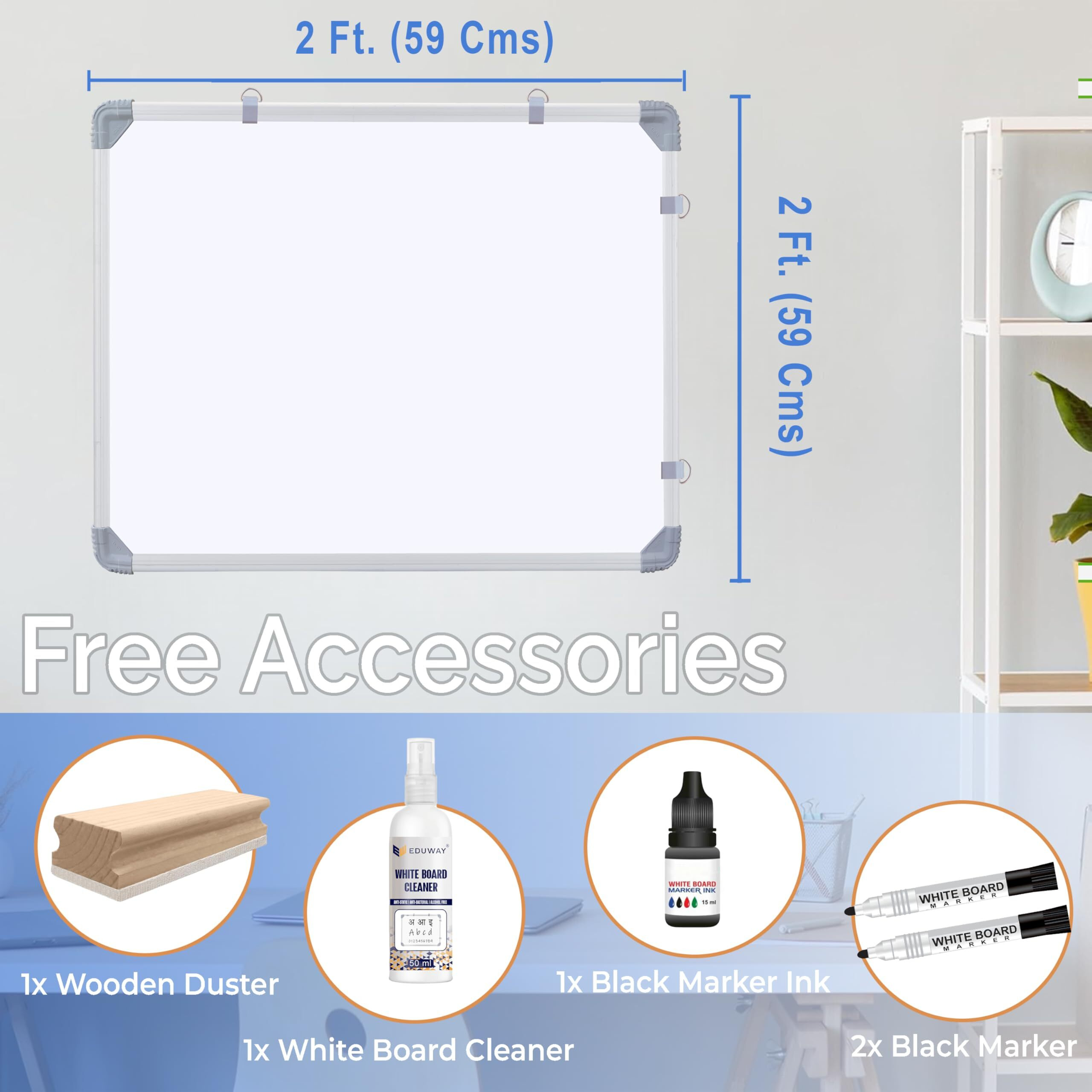 Eduway 2X2 Ft. Whiteboard Combo Kit | 2 Marker, 1 Duster, 1 Marker Ink, 1 Cleaner Spray | Double-Sided Whiteboard & Chalkboard | Ideal Use For Home, Office With Sliding Hanging Clips (59X59 Cms)