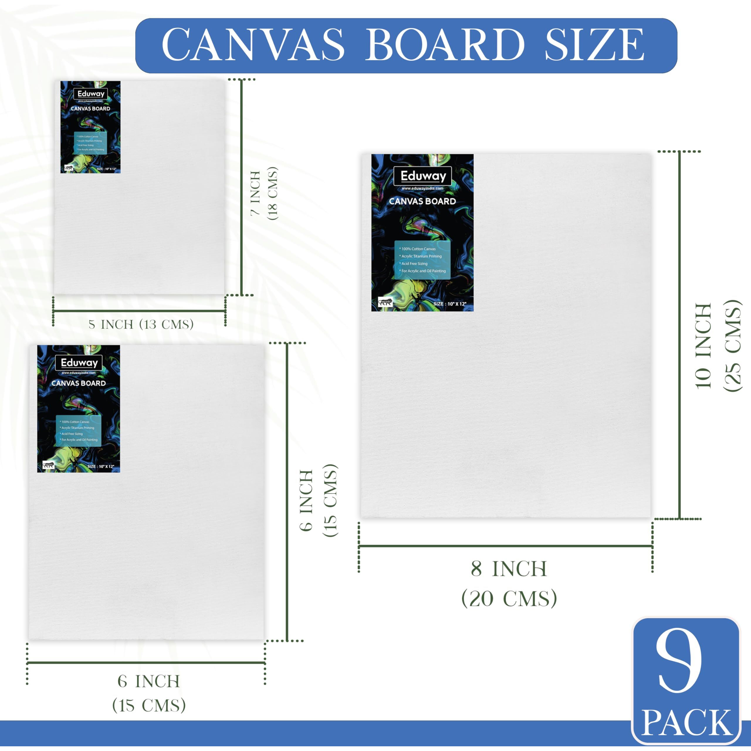 Eduway Canvas Board For Painting- (8X10 | 5X7 | 6X6) 3 Pcs Each | Premium Quality 7Oz Pre-Primed Cotton Canvas Board For Artists & Beginners | Ideal For Acrylic, Oil, Gouache, Pastels Colors ( Pack Of 9)