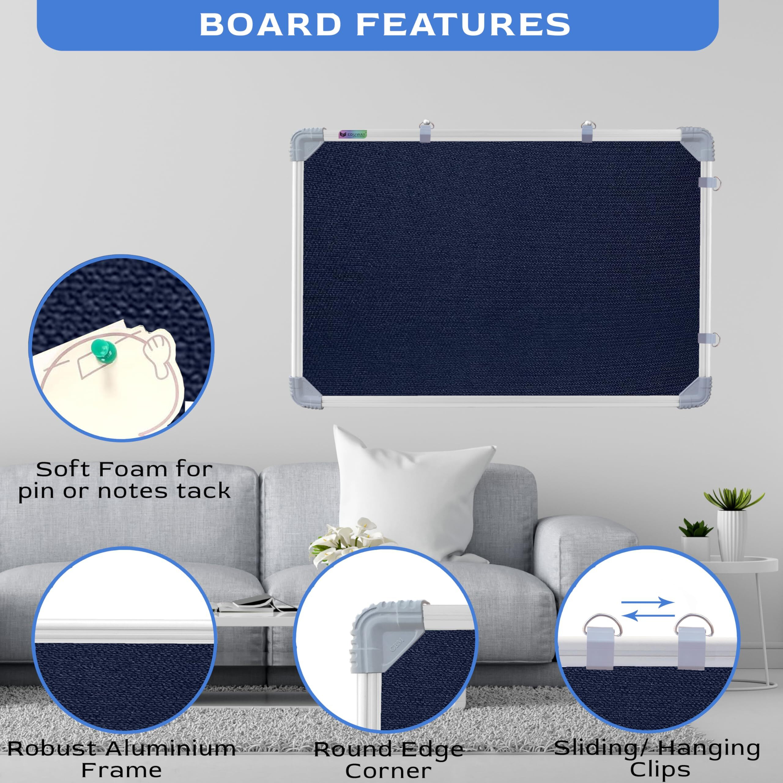 Eduway 2X2 Feet Notice Board/Pin Up Board/Bulletin Board/Display Board/Soft Board With High Resilience Foam Fabric For School, Office, Home With (20 Push-Up Pins)` (Blue- 59X59 Cms.)