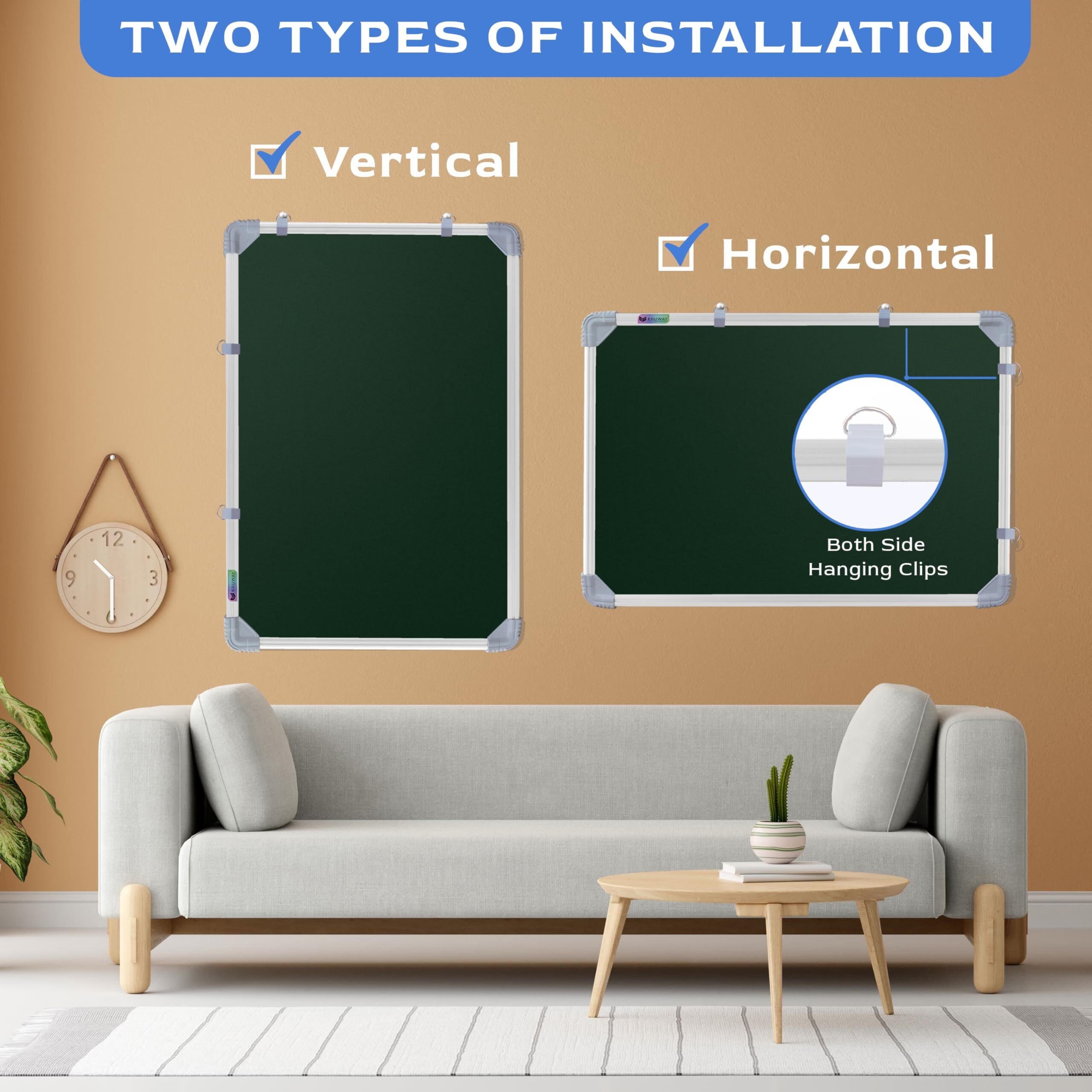 Eduway 2X1.5 Feet Kunj Non-Magnetic Double-Sided Chalk Board & White Board (Combo Pack) With 1 Wooden Duster, 2 Chalk Holders, 10 Non-Dust Chalk Sticks For Kids, School, Teaching, (59X41Cms)- Green