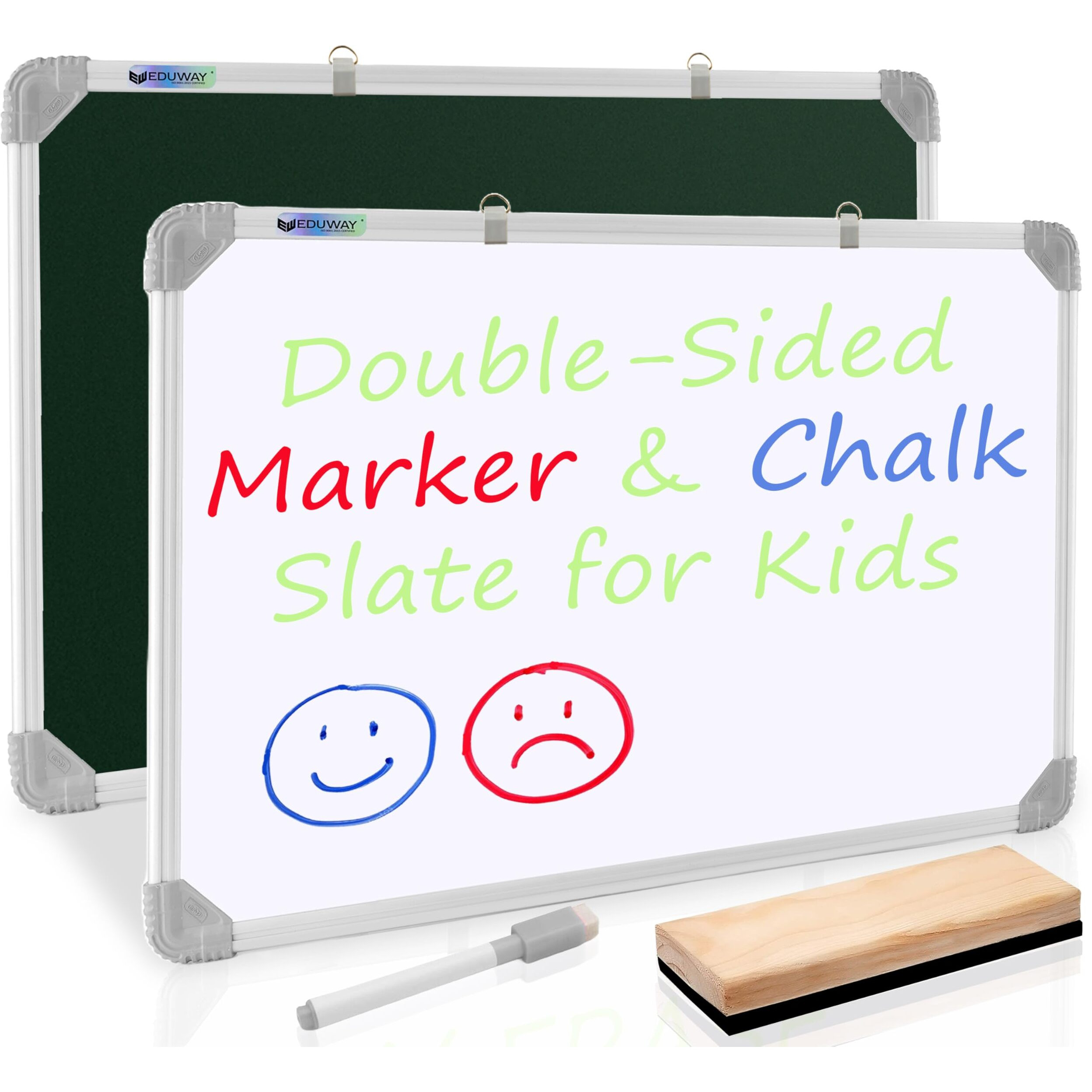 Eduway Non Magnetic 2 In 1 Learn N Write 1X2 Feet Slate For Kids | Double Sided Front For Chalk & Reverse Dry Erase Marker Board With Pvc Corners | Learning For Kids (29X59 Cms),(Green, White)