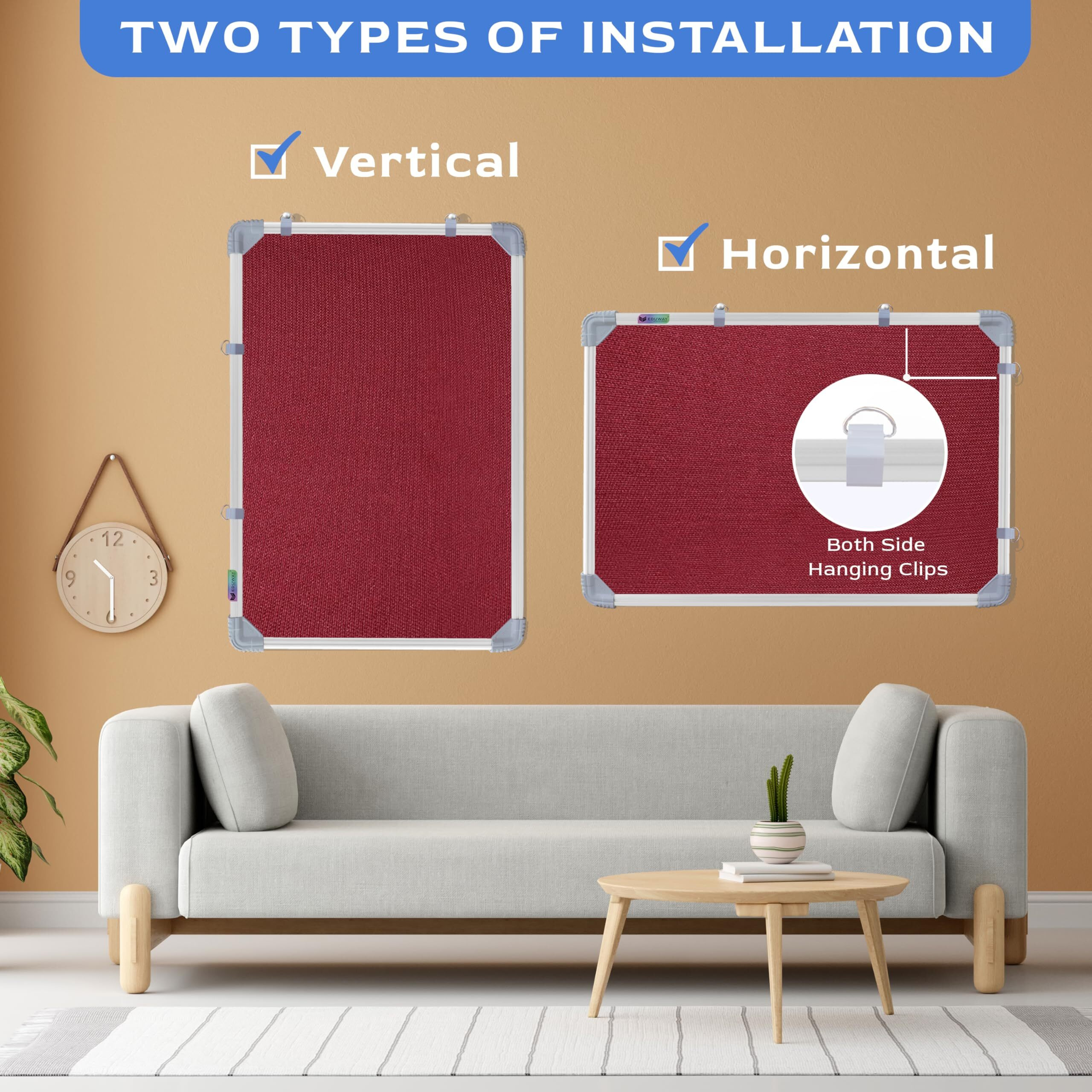 Eduway 2X3 Feet Small Pin Up Board/Notice Board/Bulletin Board/Soft Board/Display Board With High Resilience Foam Fabric For School, Office, Home With (20 Push Up Pins) (Maroon- 89X59 Cms)//