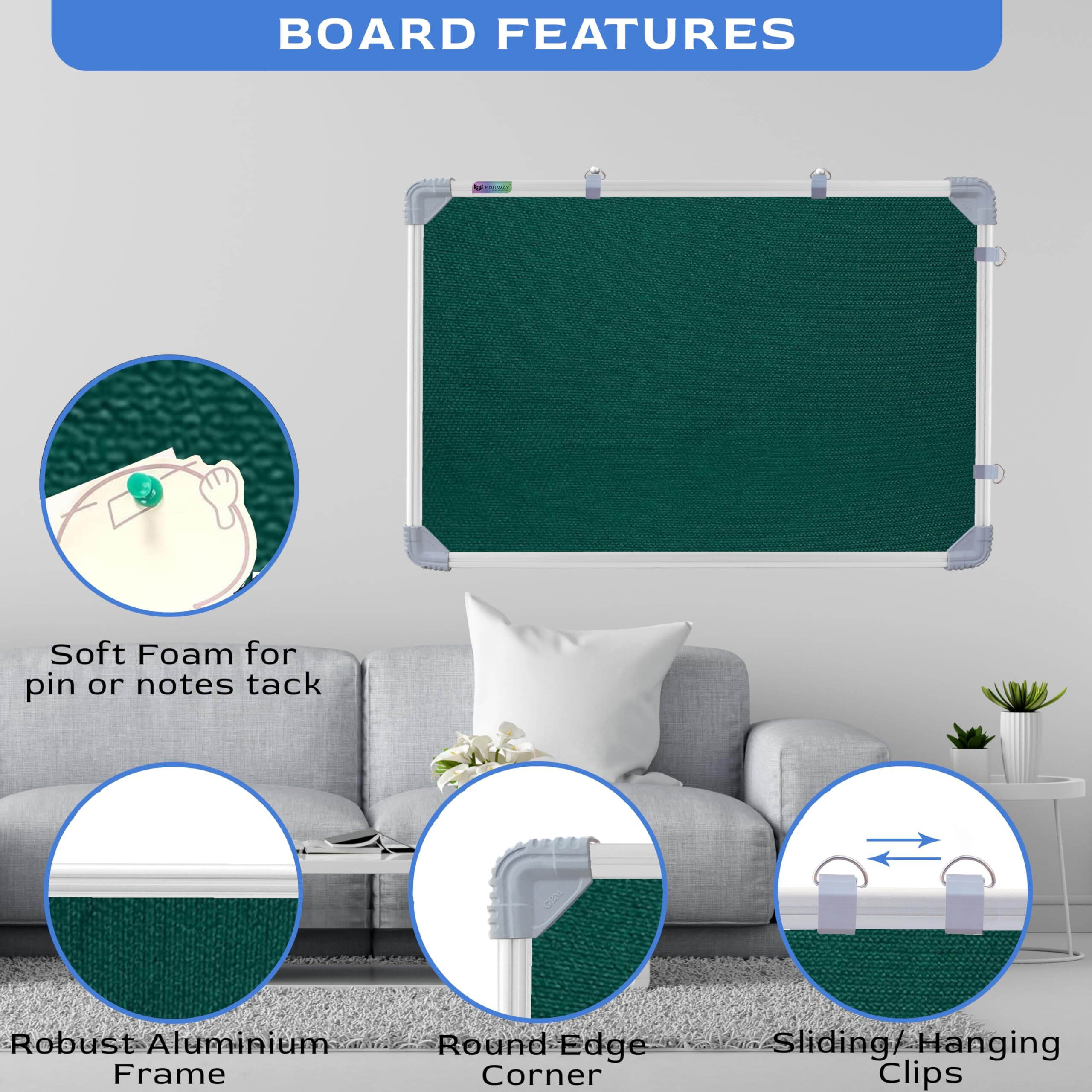 Eduway 2X2 Feet Notice Board/Pin Up Board/Bulletin Board/Display Board/Soft Board With High Resilience Foam Fabric For School, Office, Home With (30 Push-Up Pins), (Green)