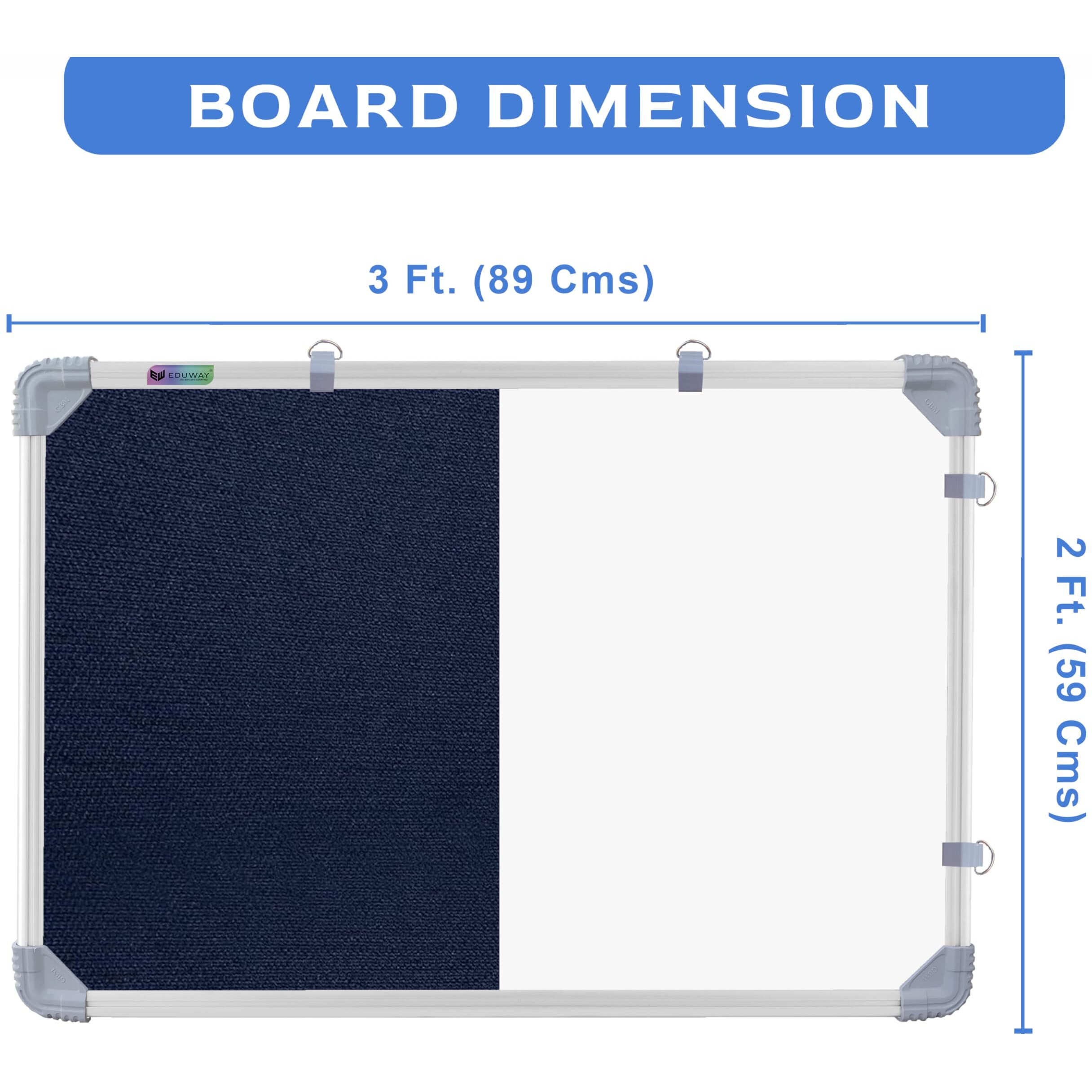 Eduway Combination Board 3X2 Feet (Non-Magnetic White Board With Blue Pin-Up Notice Board) With Push Pins For Home, Office & School, Heavy-Duty Aluminium Frame, (White, Blue) (89X59 Cm)