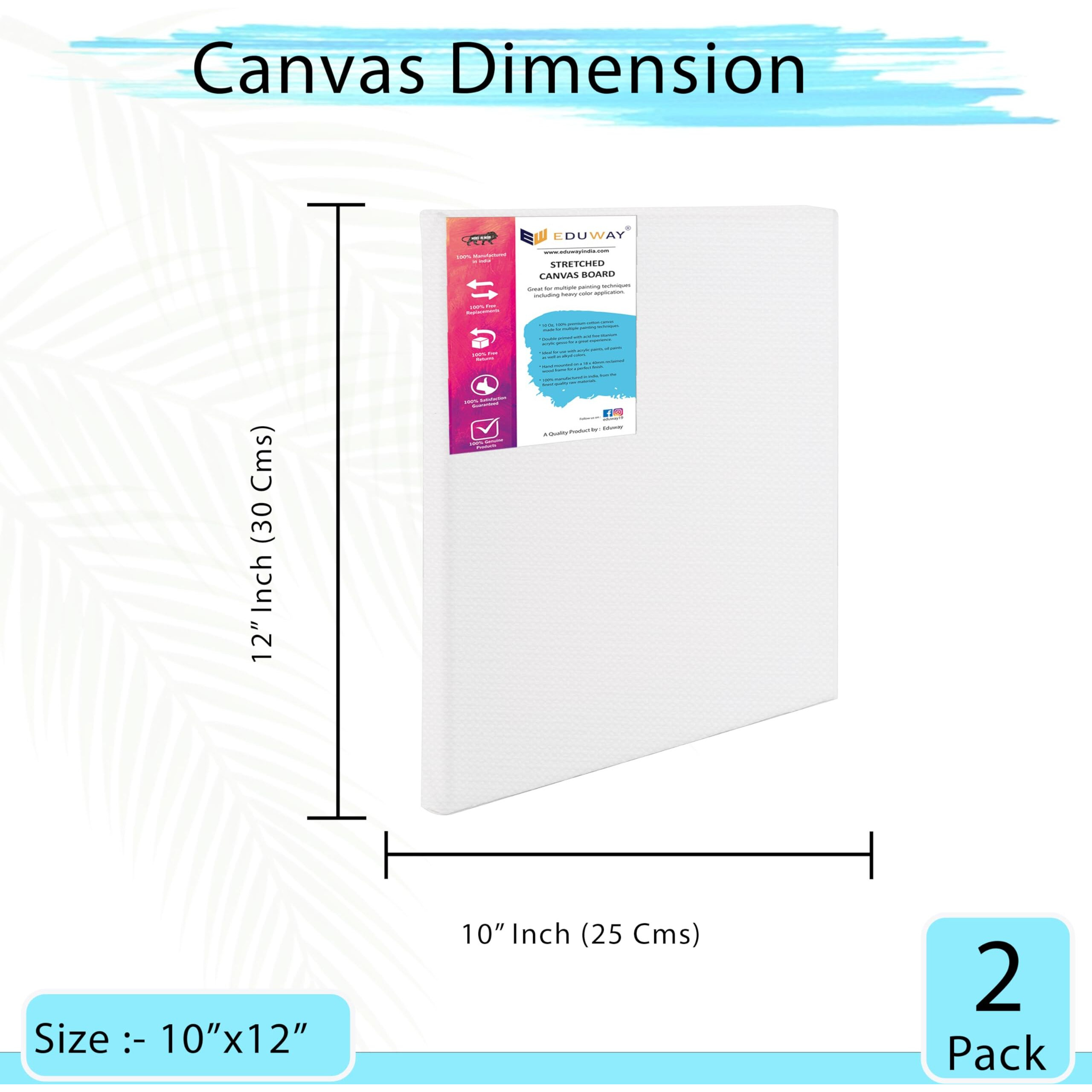Eduway 10X12 Inches Pre Stretched Medium Grain 7Oz Primed Cotton Painting Canvas With Wooden Frame For Beginners & Artist | Suitable With Acrylic, Oil, Water Colours- (Set Of 2)