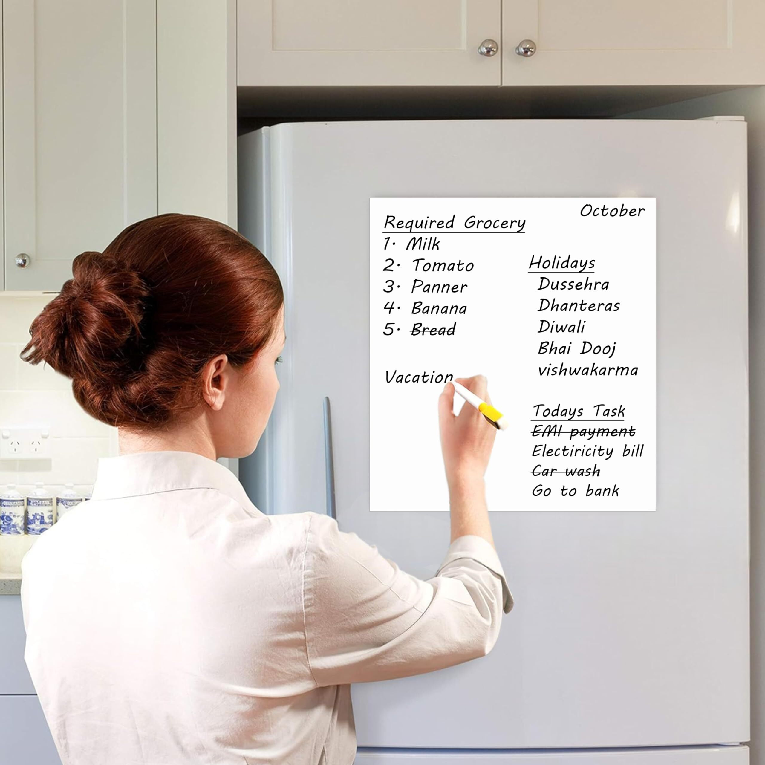 Eduway Magnetic Dry Erase White Board Sheet 12X12 Inch With Marker Pen | Whiteboard Sticker Roll For Refrigirator, Fridge, Metal Wardrobe, For Grocery List, Task Planner Etc. (Size - 30X30 Cms).