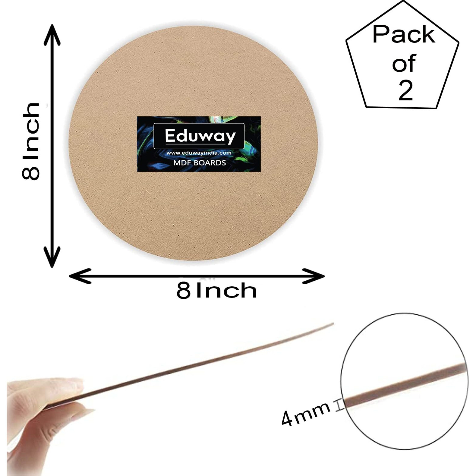 Eduway 8 Inch Round Mdf Board For Mandala, Lippan, Resin Art & Craft, 4Mm Thick,Pof 2 Premium Cardboard Material For Artists, Art & Craft - Hard Cutout In Small And Large Sizes (20X20 Cms)