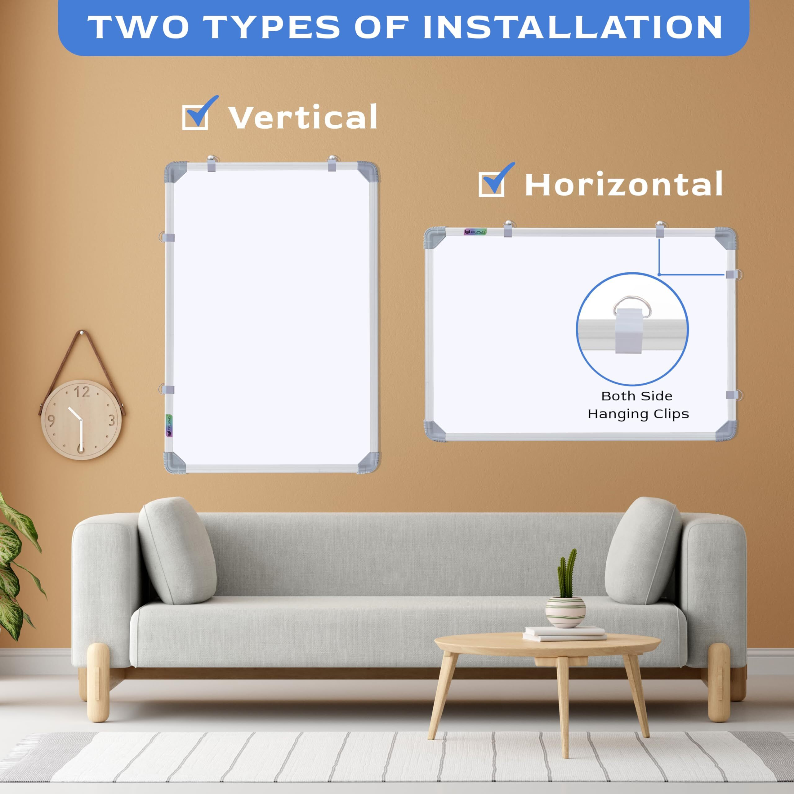 Eduway (Magnetic) 1.5X2 Feet White Board With (Marker, Duster And Magnets) | Ideal Use For Home, Office, Kids With Sliding Hanging Clips, Robust Aluminum Frame And Smooth Melamine Surface (59X41 Cms)