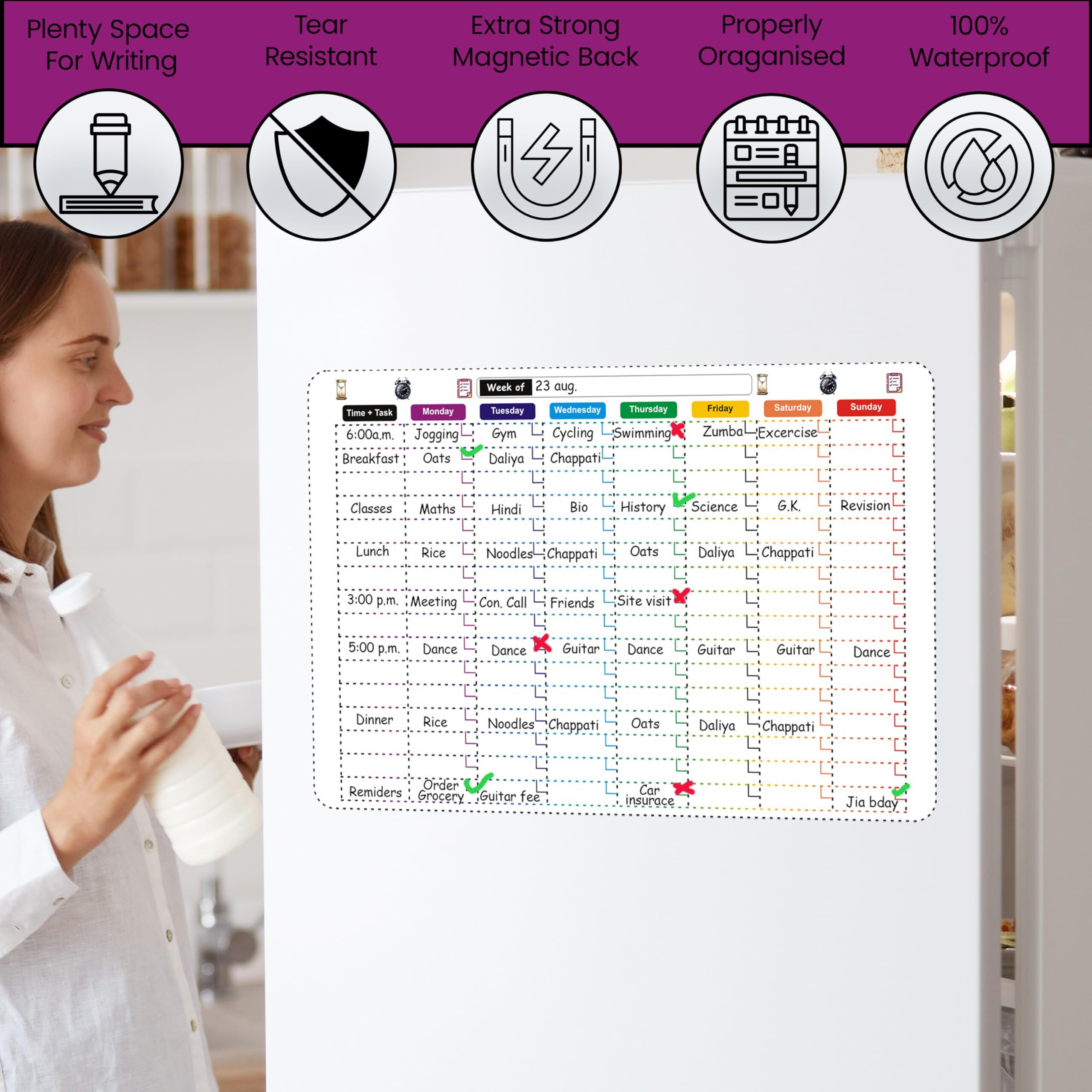 Eduway Magnetic Weekly Schedule | Daily Routine Planner | For Fridge, Wardrobe | With 1 Marker | Ideal For College, Home | Dry Erase Whiteboard Time-Task Planning Calendar Sheet Pack Of 1 (12*18 Inch)