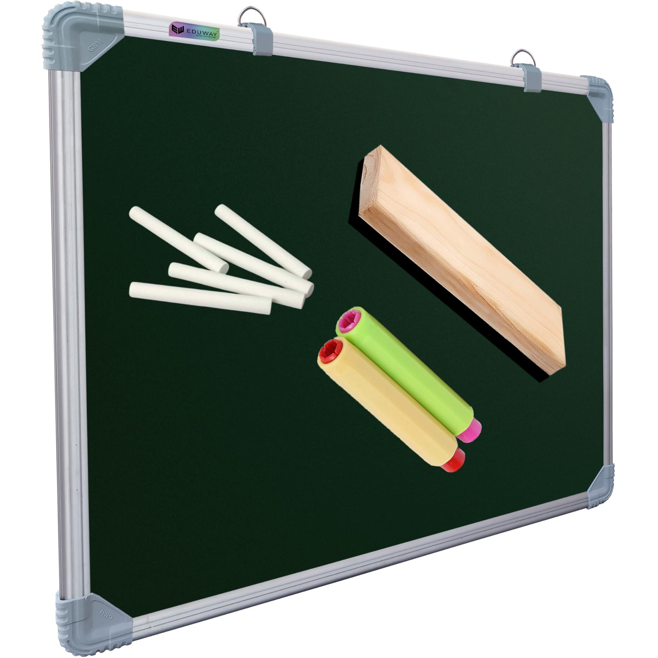 Eduway 2X2 Feet Kunj Non-Magnetic Double-Sided Chalk Board & White Board (Combo Pack) With 1 Wooden Duster, 2 Chalk Holders, 10 Non-Dust Chalk Sticks For Kids, School, Teaching, (59X59 Cms) - Green