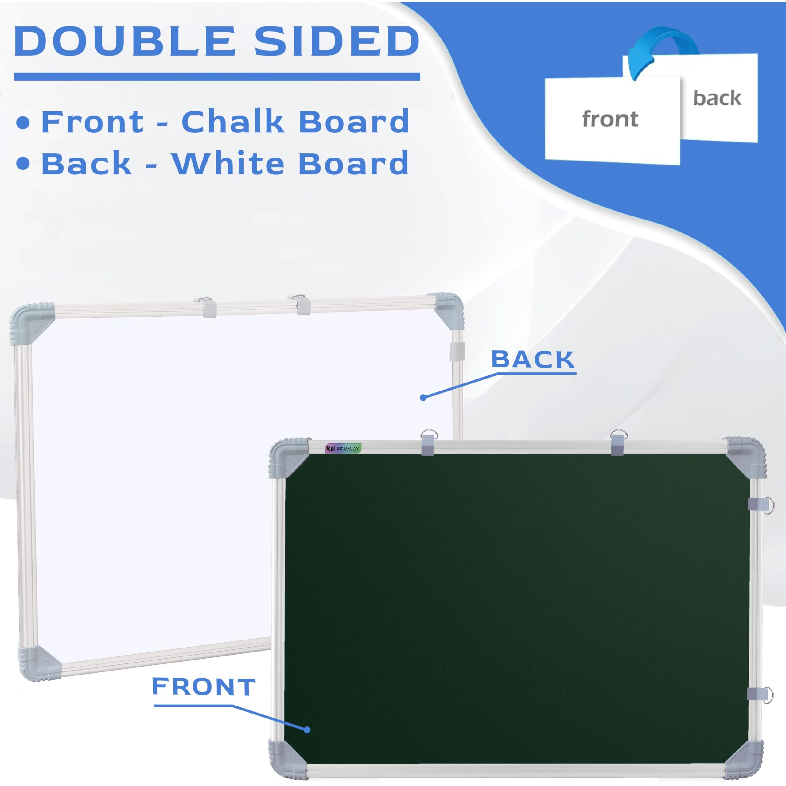 Eduway 2X2 Feet Kunj Non-Magnetic Double-Sided Chalk Board & White Board (Combo Pack) With 1 Wooden Duster, 2 Chalk Holders, 10 Non-Dust Chalk Sticks For Kids, School, Teaching, (59X59 Cms) - Green