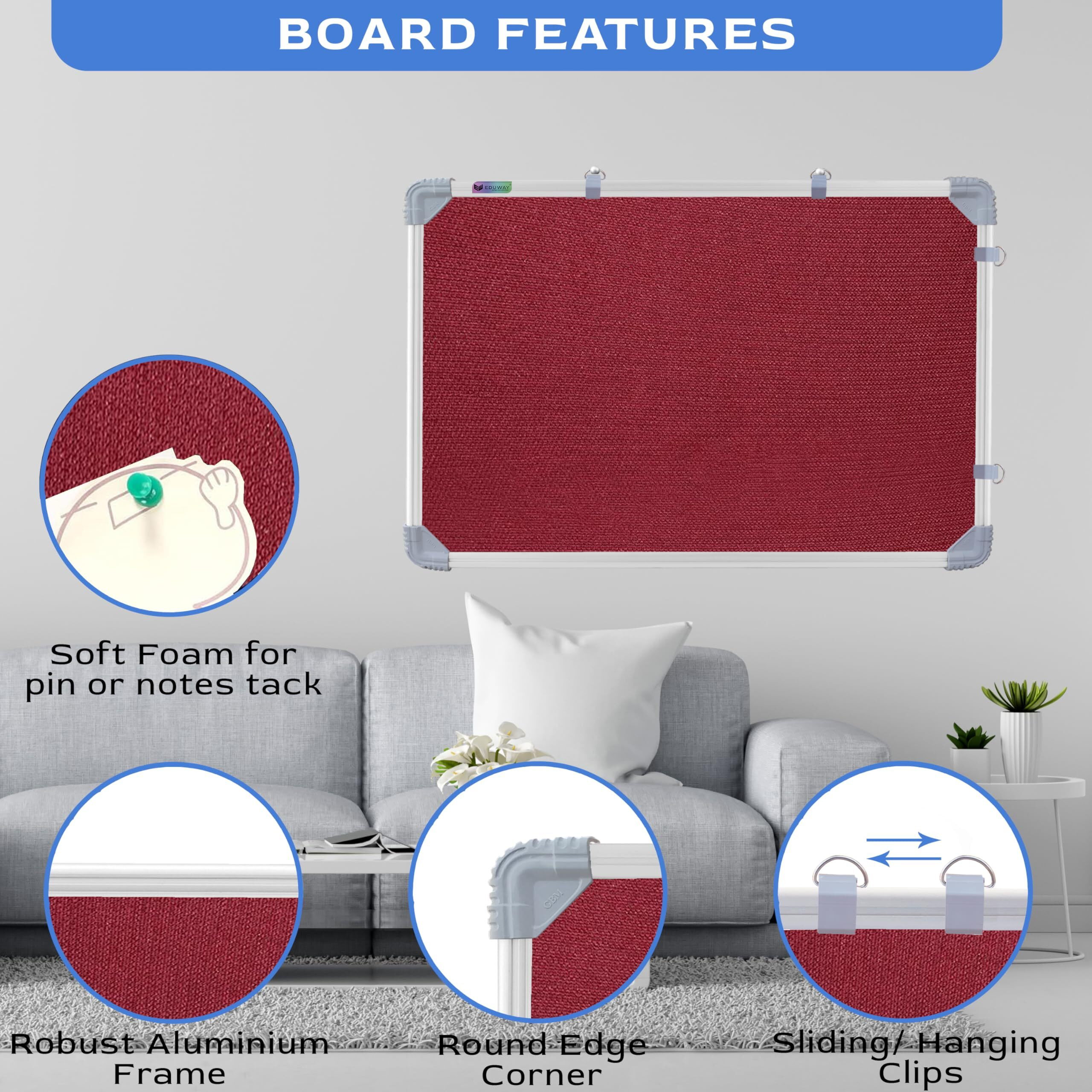 Eduway 2X2 Feet Notice Board/Pin Up Board/Bulletin Board/Display Board/Soft Board With High Resilience Foam Fabric For School, Office, Home With (20 Push-Up Pins), (Maroon- 59X59 Cms)'