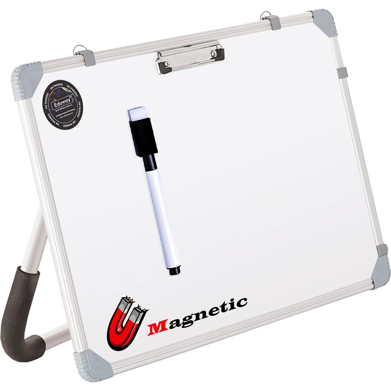 Eduway Magnetic Dry Erase 2X1.5 Feet White Board With Stand | Standing Whiteboard | Table Top With Paper Clip For Study, Learning, Etc. With 1 Cap-Duster Marker - 23X17 Inches