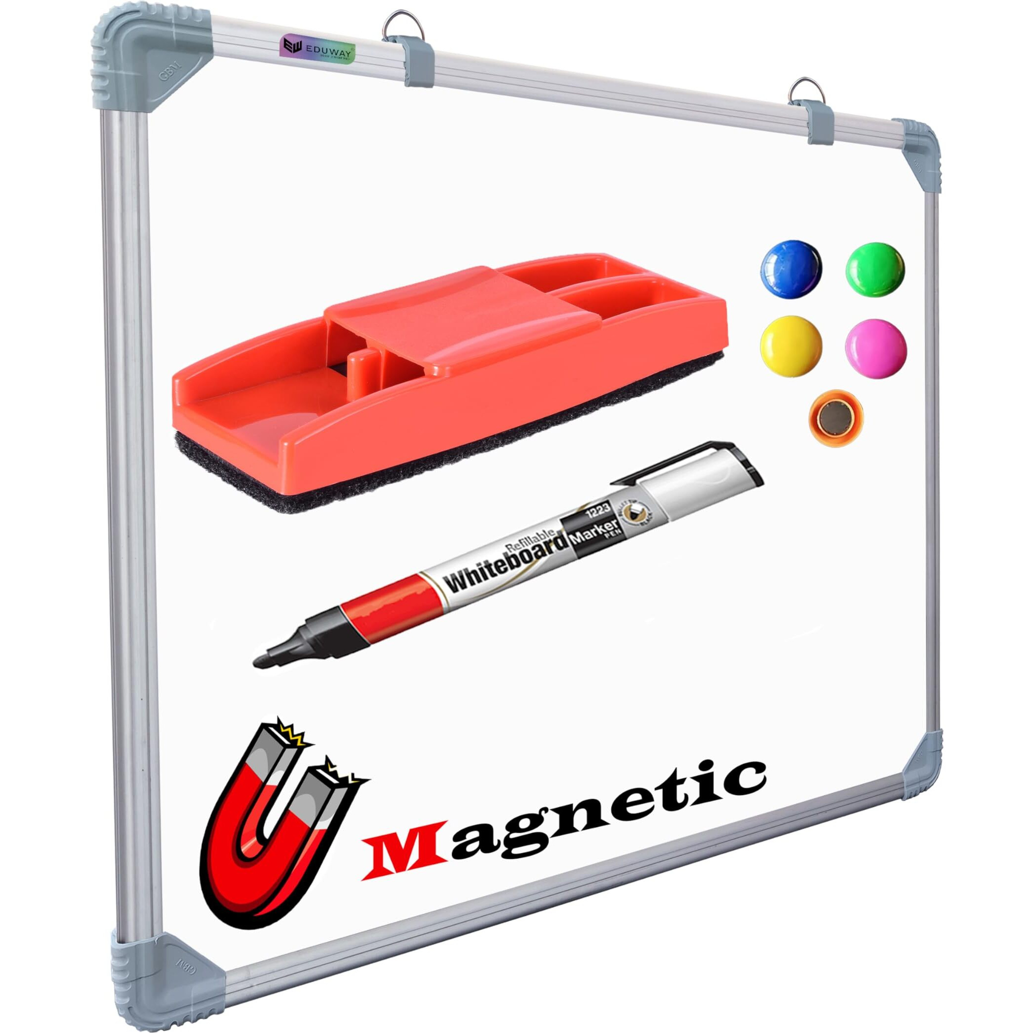Eduway (Magnetic) 2X2 Feet White Board With (Marker, Duster And Magnets) | Ideal Use For Home, Office, Kids With Sliding Hanging Clips, Robust Aluminum Frame And Smooth Melamine Surface (59X59 Cms)